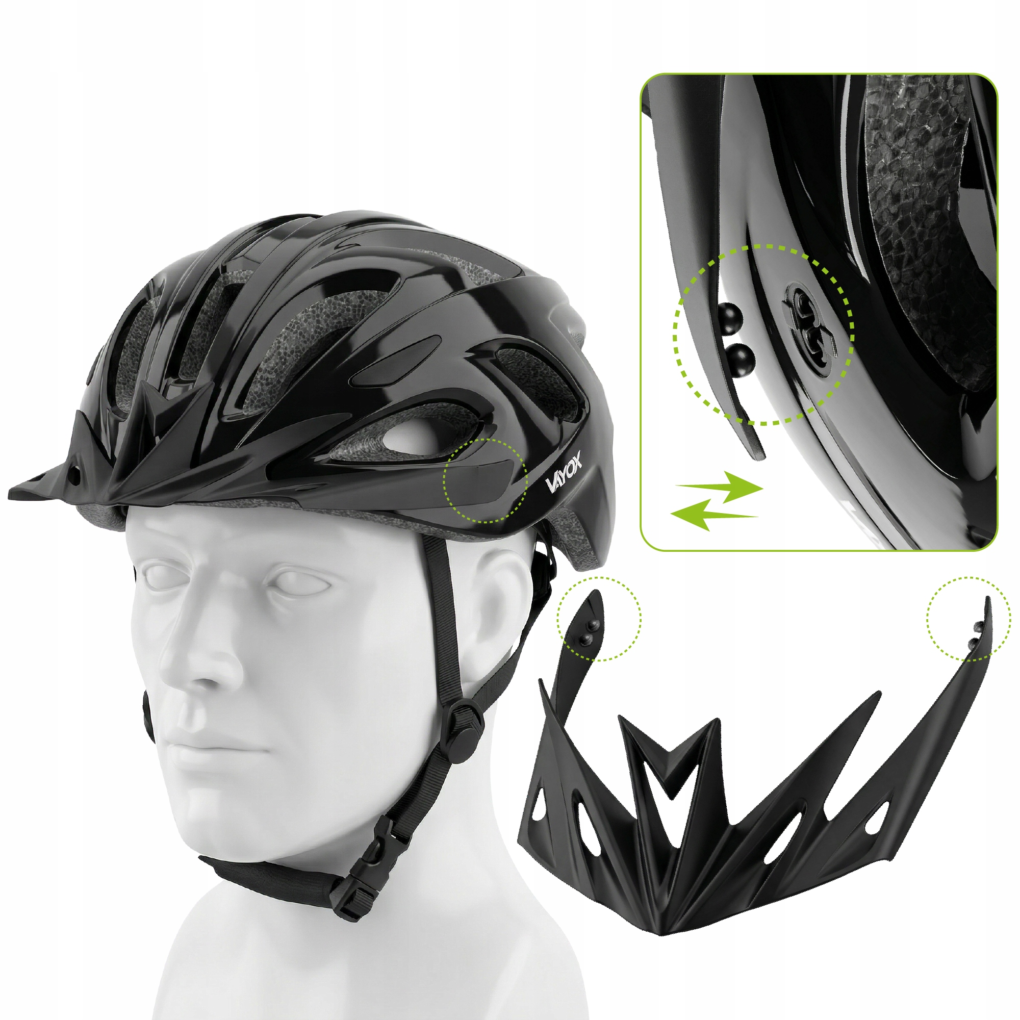 Czarny kask rowerowy na białym popiersiu z odpinanym daszkiem.