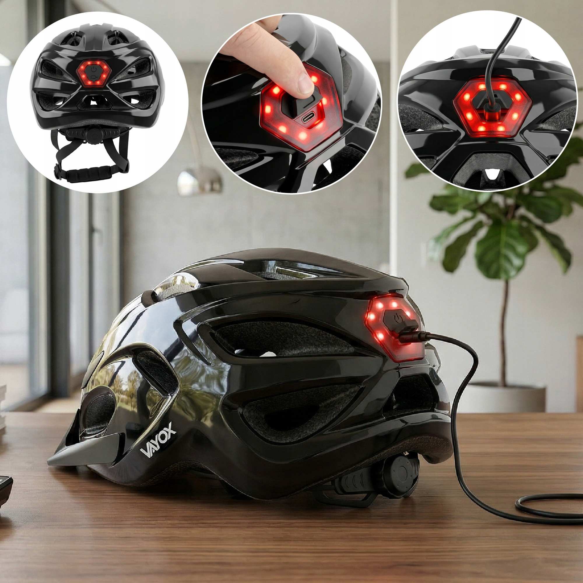 Czarny kask rowerowy z czerwonym światłem tylnym ładowanym przez kabel USB.