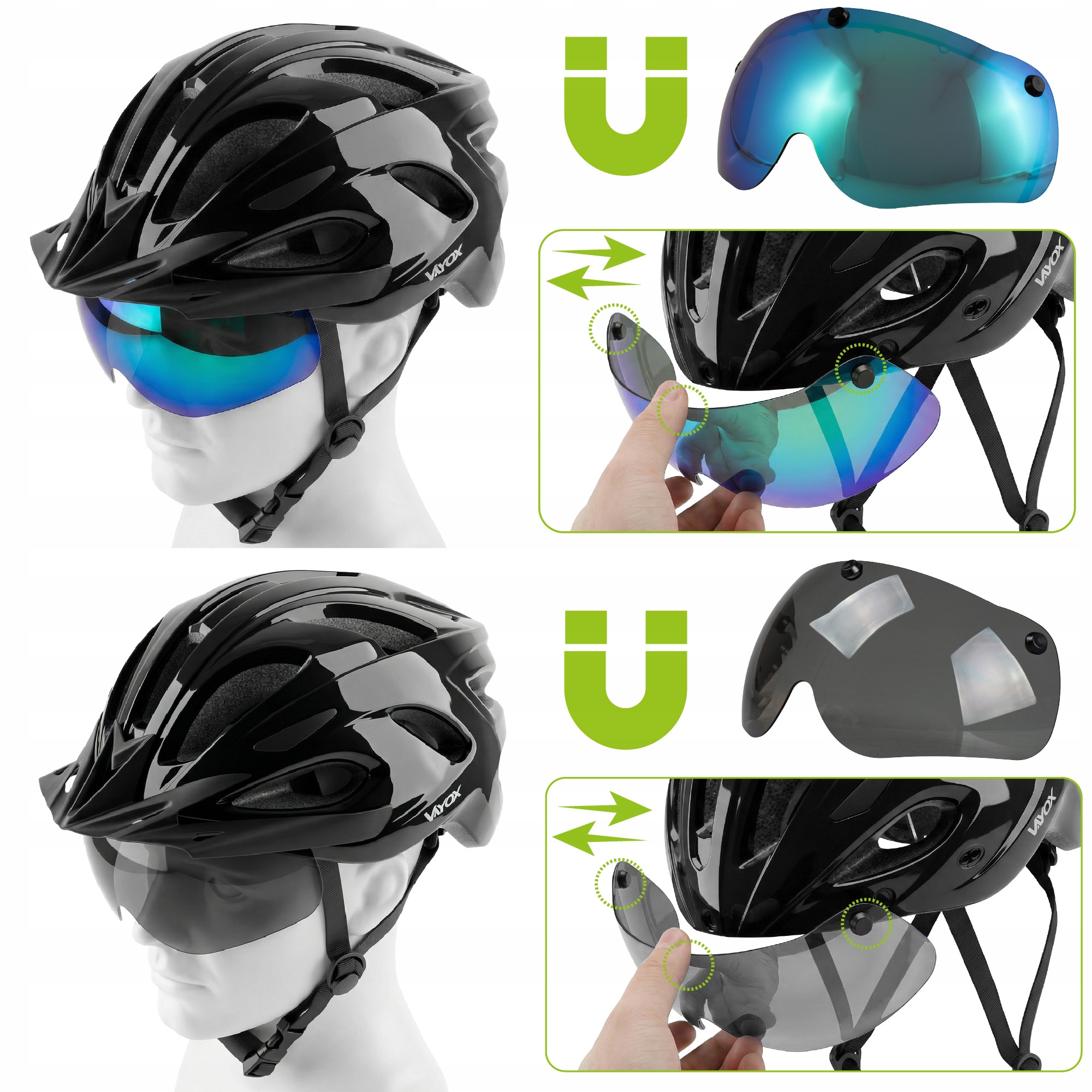 Pokazano czarny kask rowerowy z magnetycznym wizjerem.