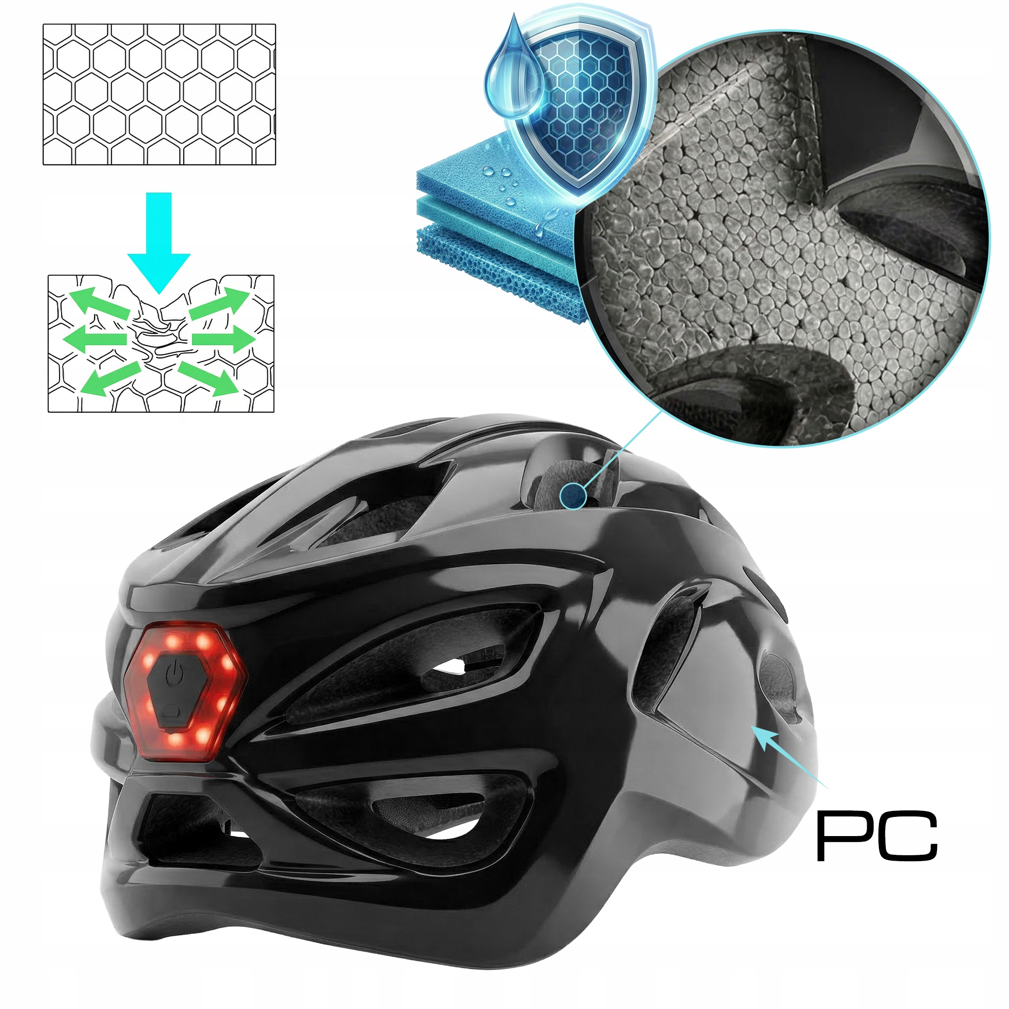 Czarny kask rowerowy z czerwonym światłem tylnym i schematami absorpcji uderzeń.