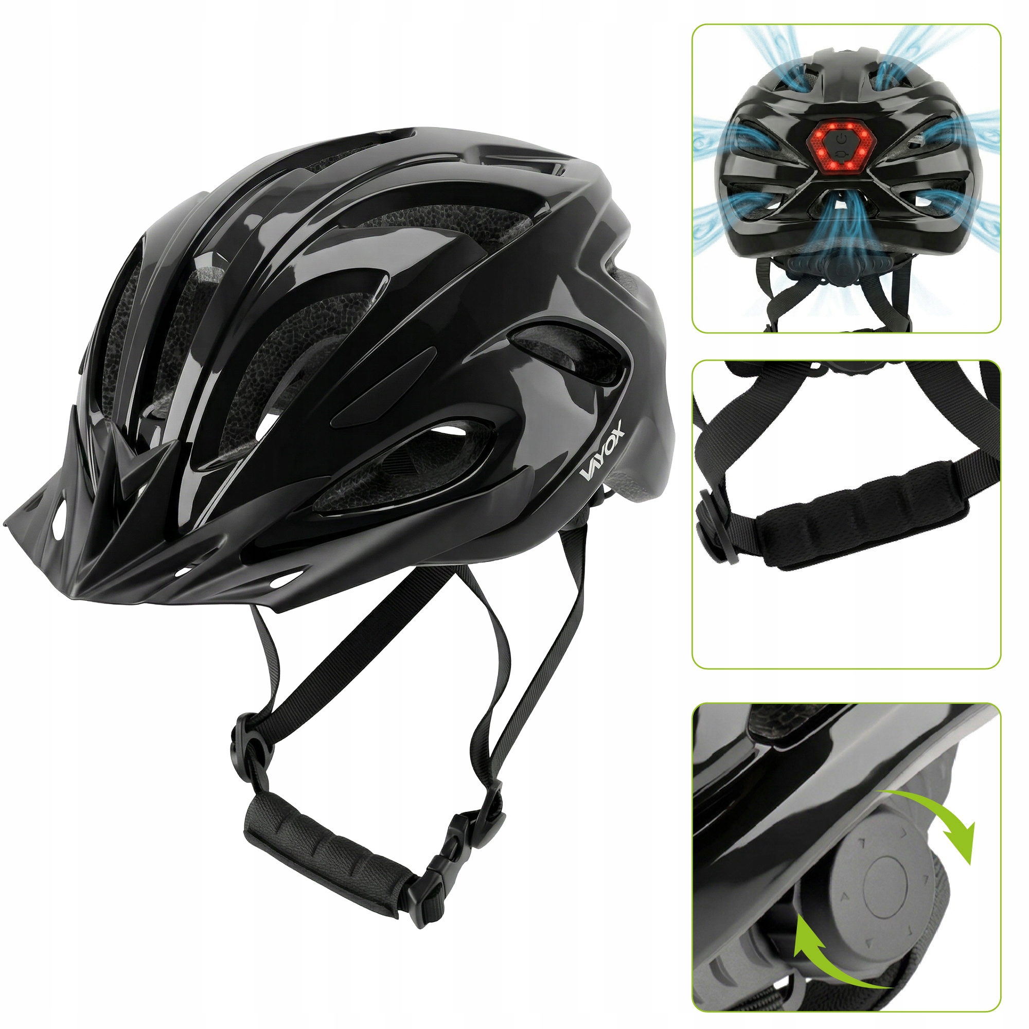 Czarny kask rowerowy z otworami wentylacyjnymi, czerwonym światłem tylnym i pokrętłem.