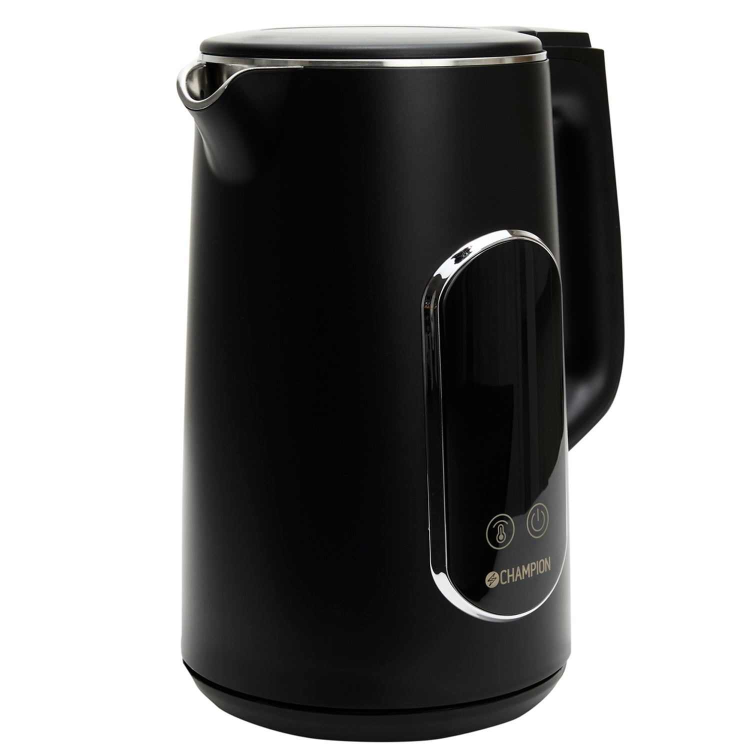 Black electric kettle with silver trim and digital display.