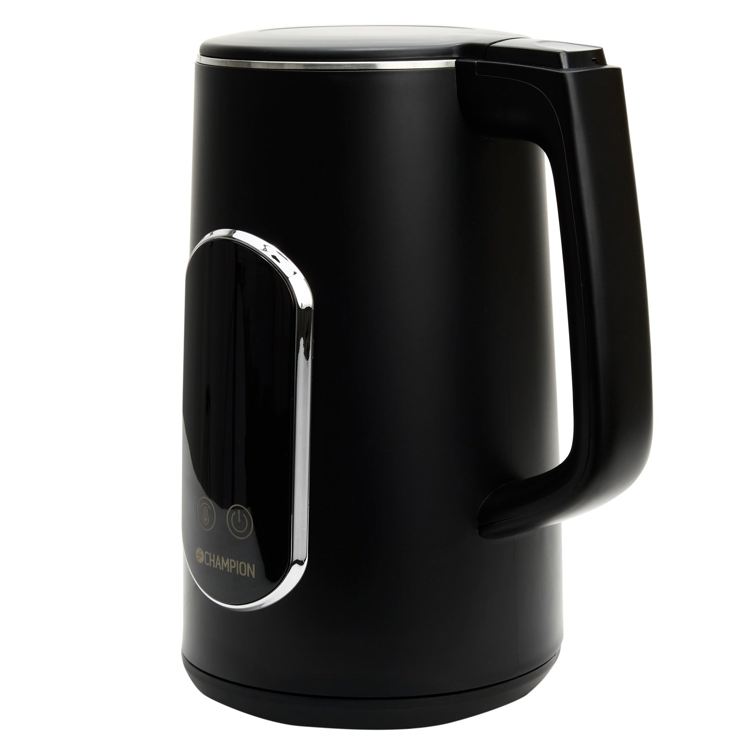 A black kettle with silver accents and a handle. Control buttons are visible on the front.