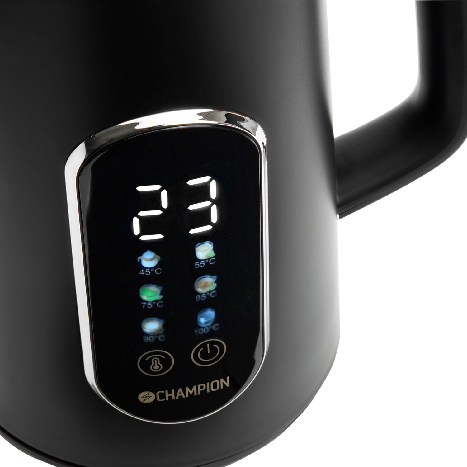 Black kettle with digital display showing 23°C and temperature settings.
