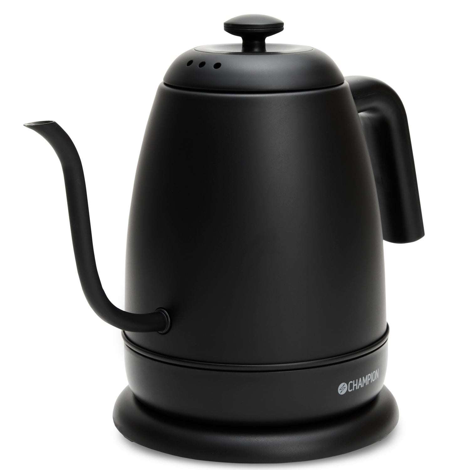 A black gooseneck kettle with a handle sits on a white background.