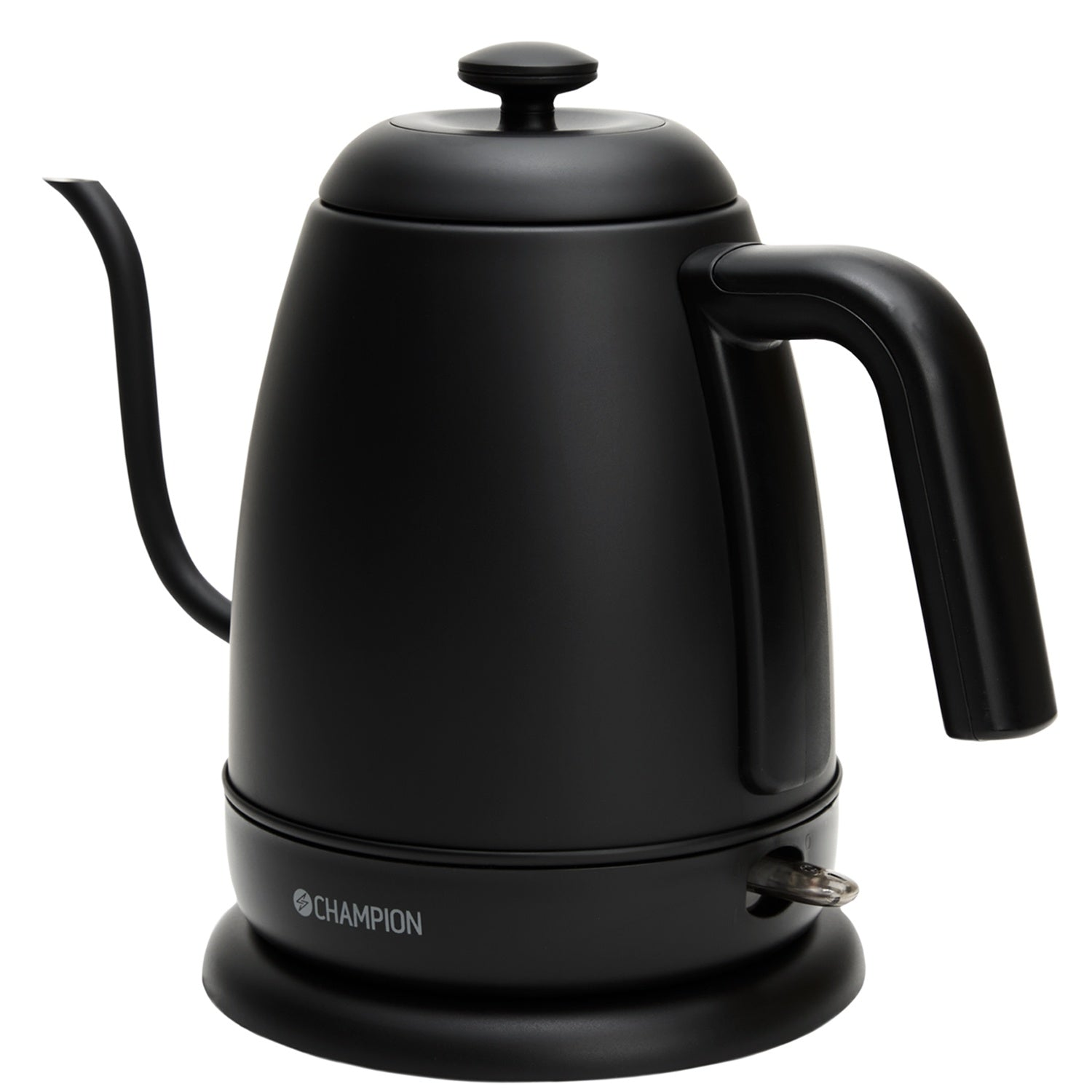 A black kettle with a gooseneck spout, handle, and lid, on a white background.