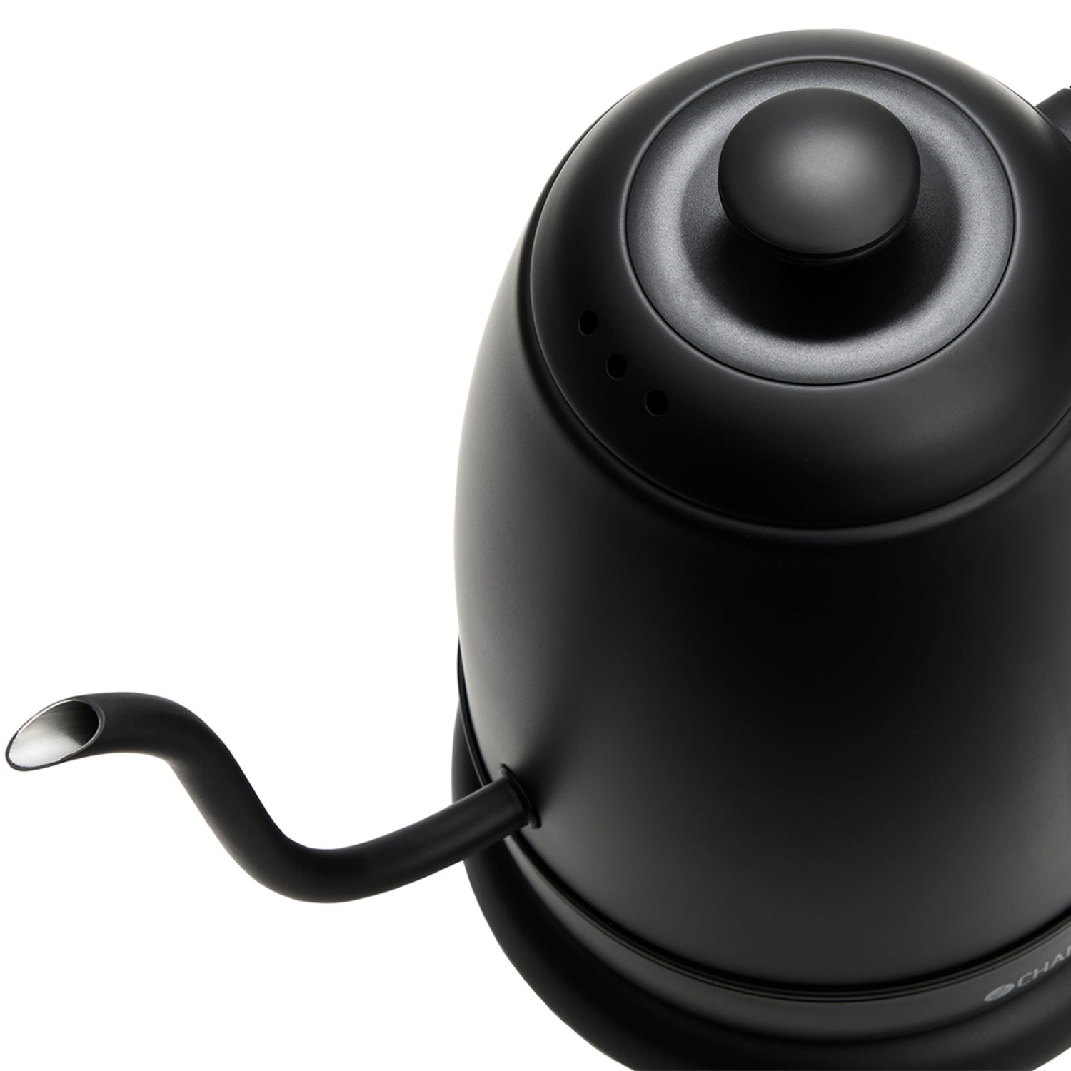 A black kettle with a long, narrow spout and a round handle.