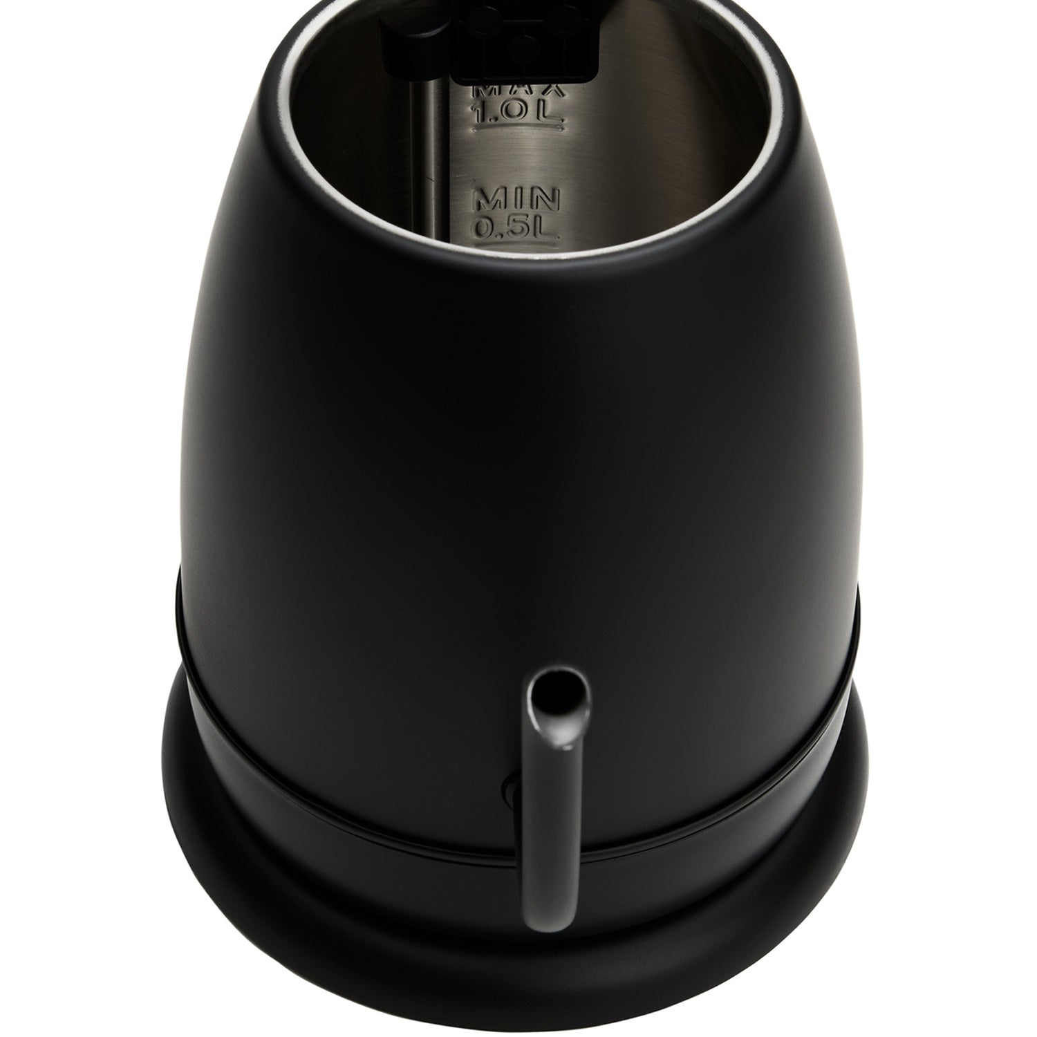 Black kettle with handle and water level indicator, on a white background.