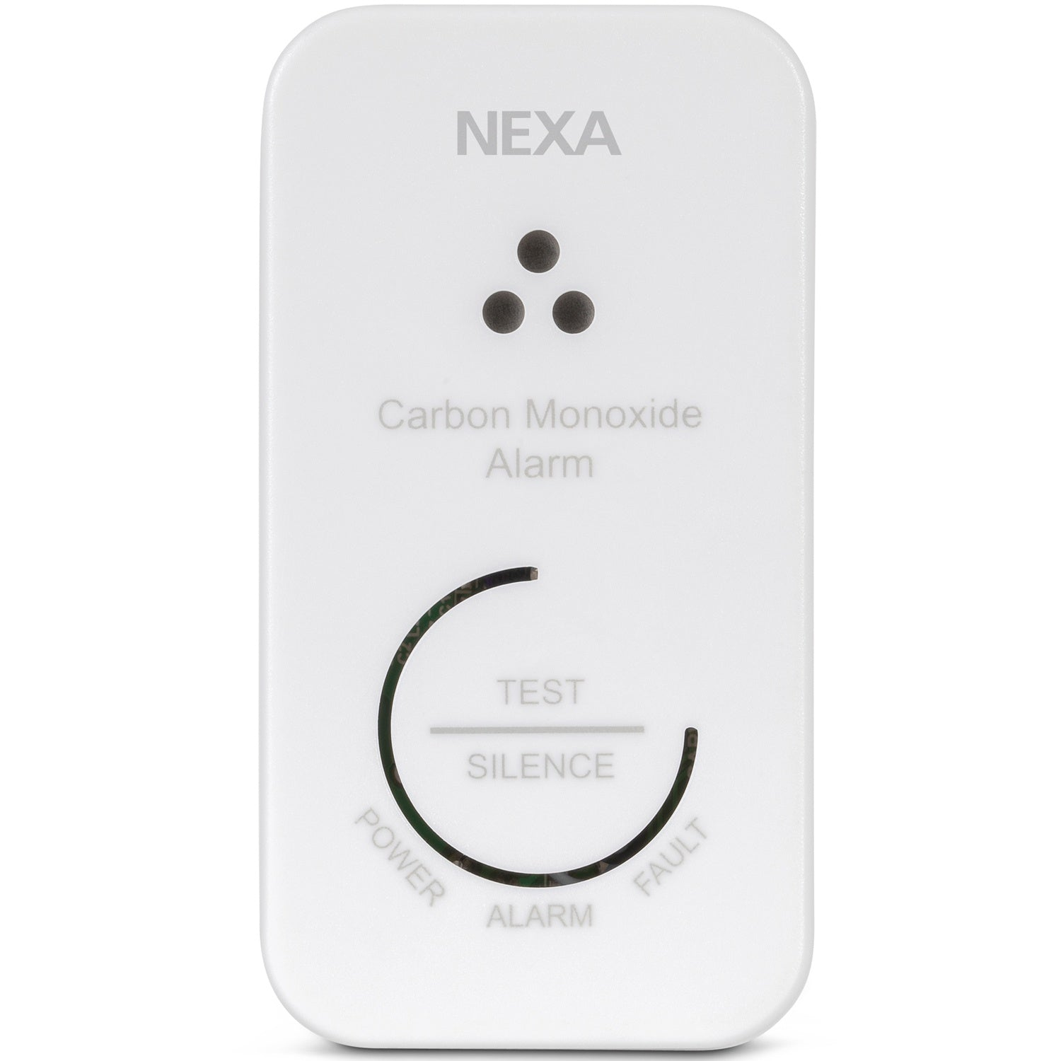 A white carbon monoxide alarm with NEXA logo and test/alarm functions.