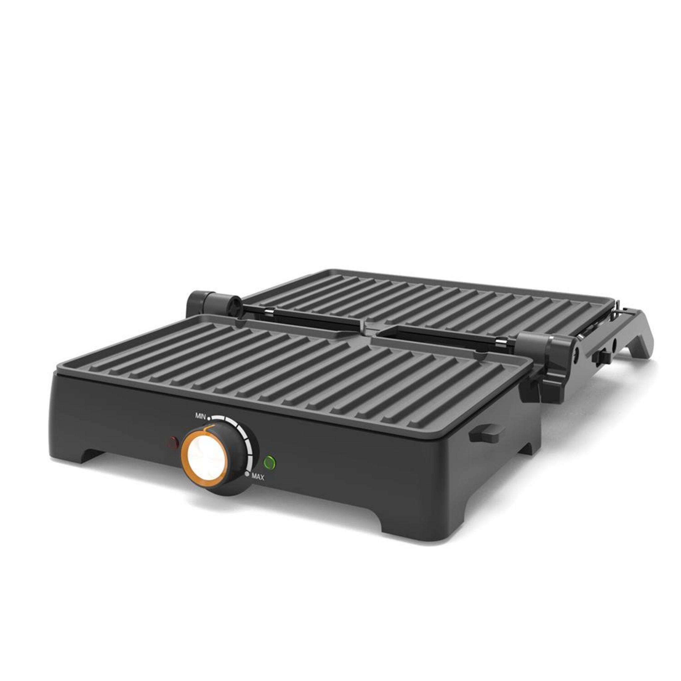 Grill a contatto nero con piastre scanalate e quadrante temperatura.