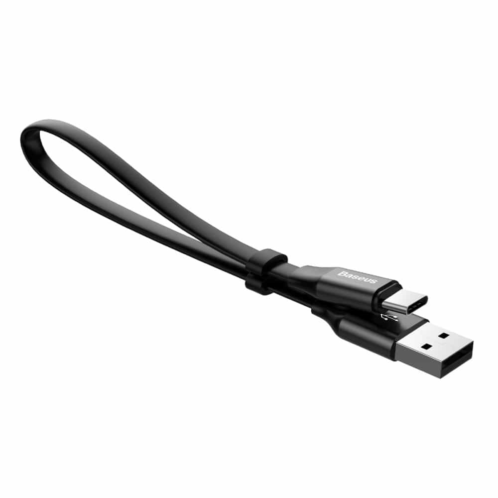 Schwarzes USB-A-zu-USB-C-Kabel mit Schlaufe und Baseus-Logo.