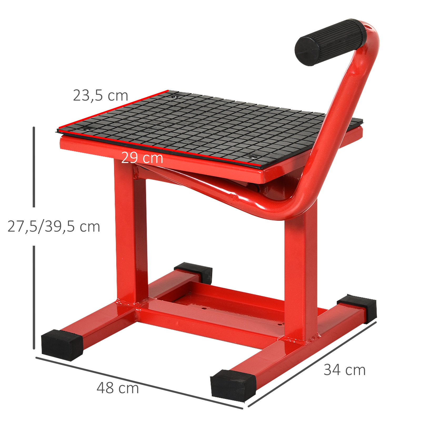 Un soporte rojo para motocicleta con pies de goma negros y plataforma texturizada.