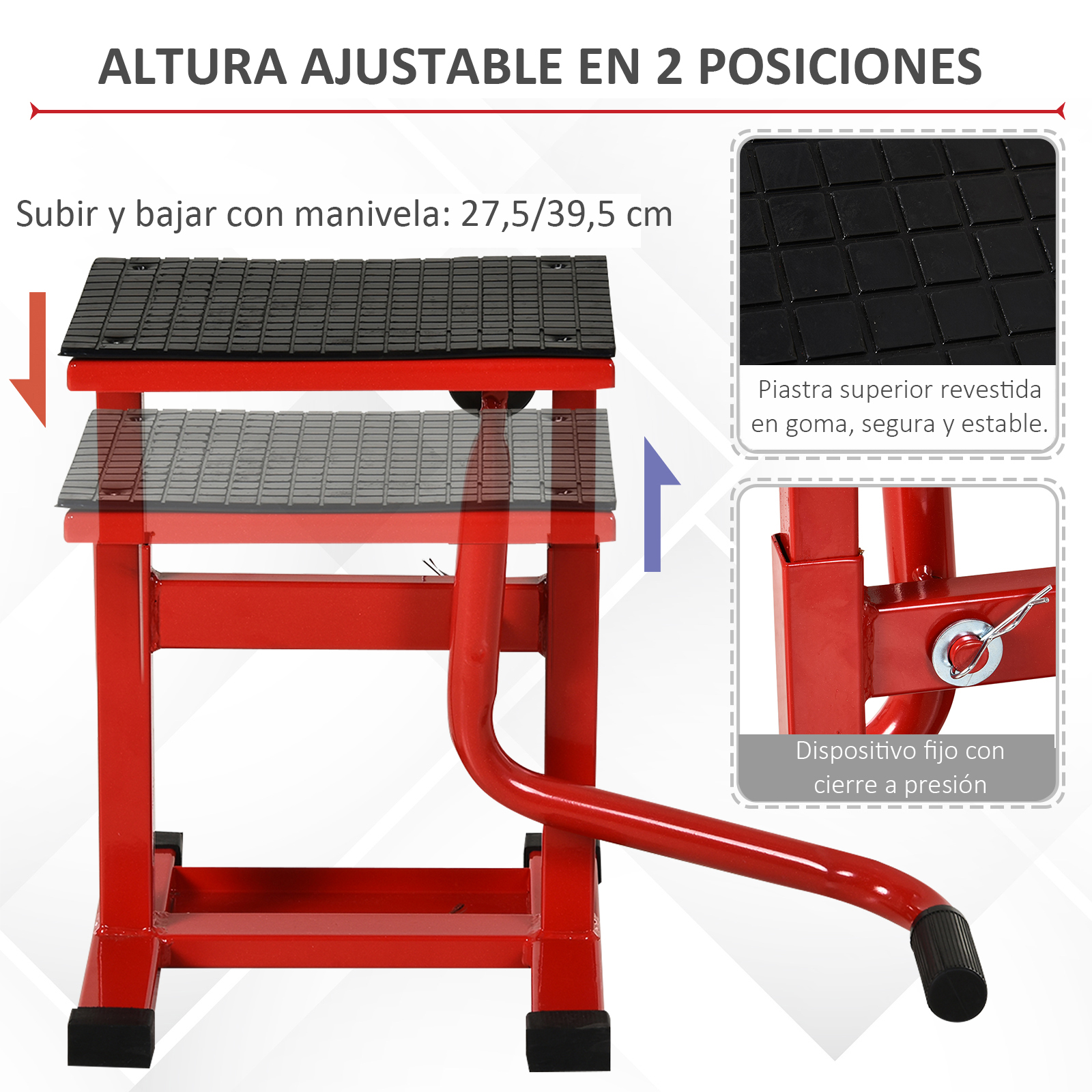 Soporte rojo para moto con altura ajustable y goma.