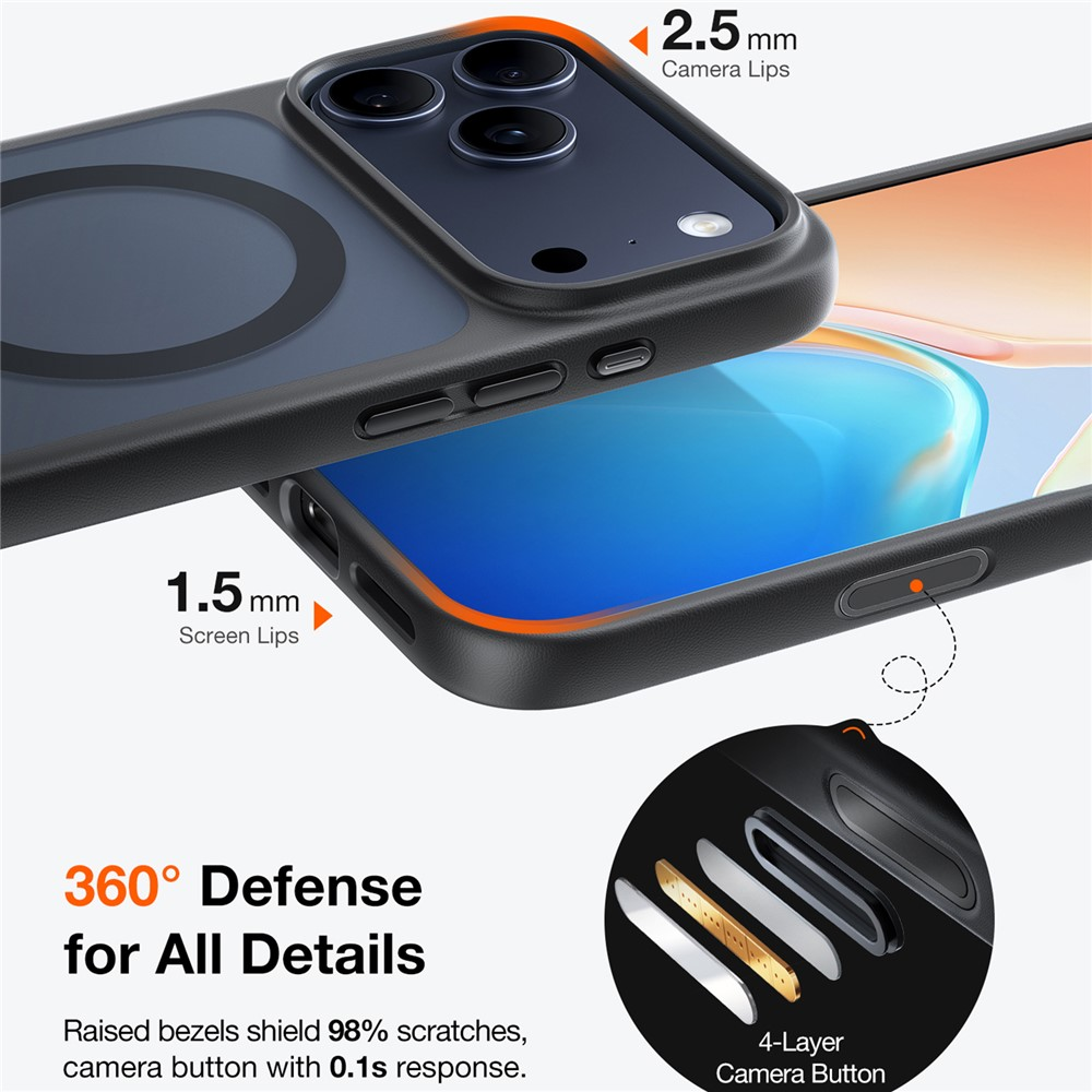Coque de téléphone noire avec accents orange, bords écran 1,5mm, bords caméra 2,5mm.