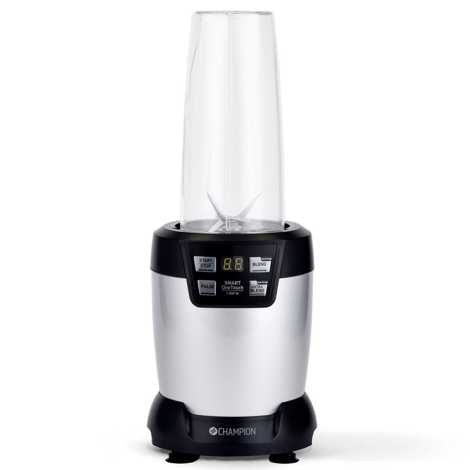 A silver and black Champion blender with a clear cup and digital controls is on a white background.