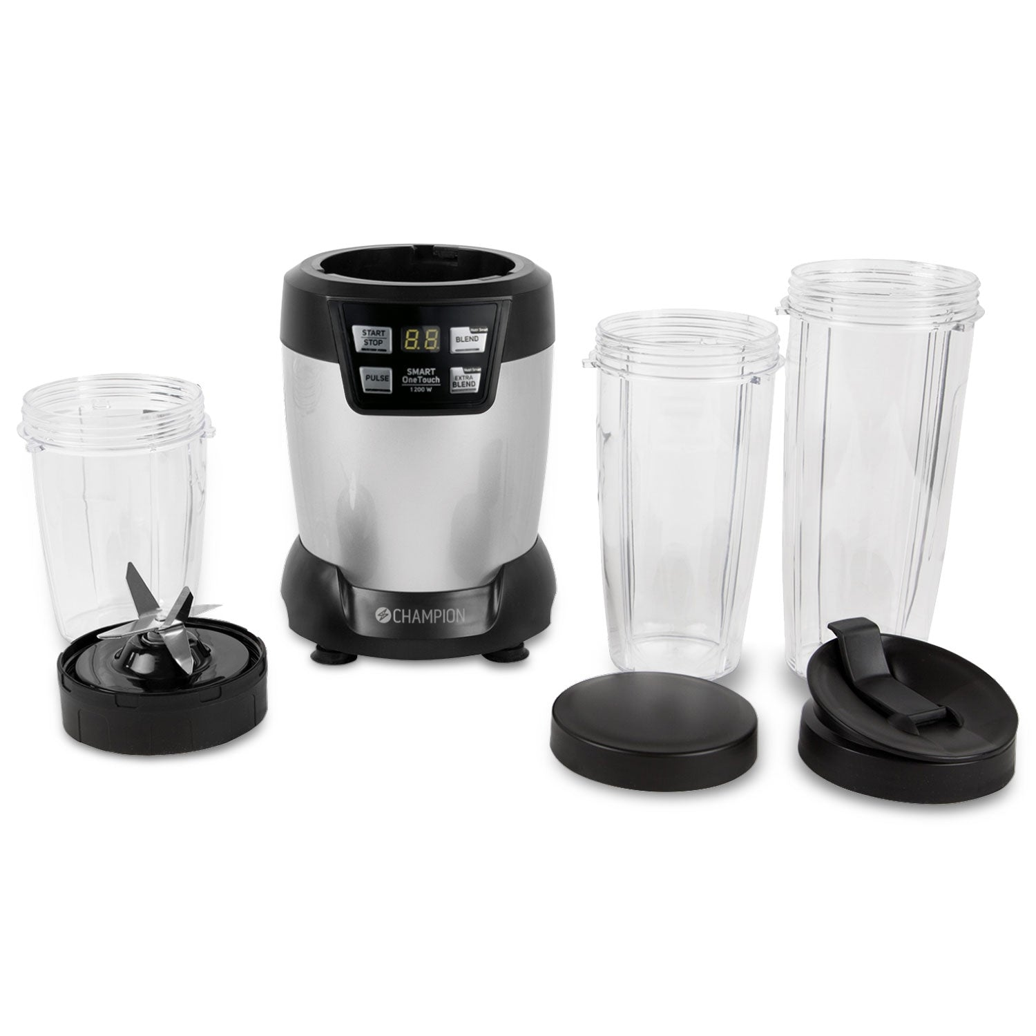 A silver and black blender base with two cups, blade assembly, and lids.