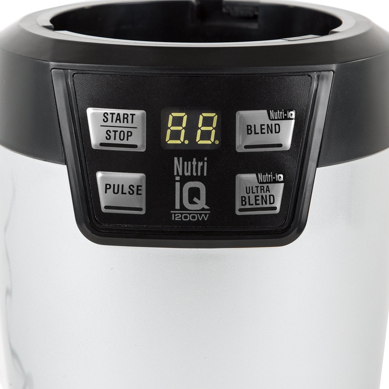 Close-up of a white blender's controls with buttons for Start/Stop, Pulse, Blend.