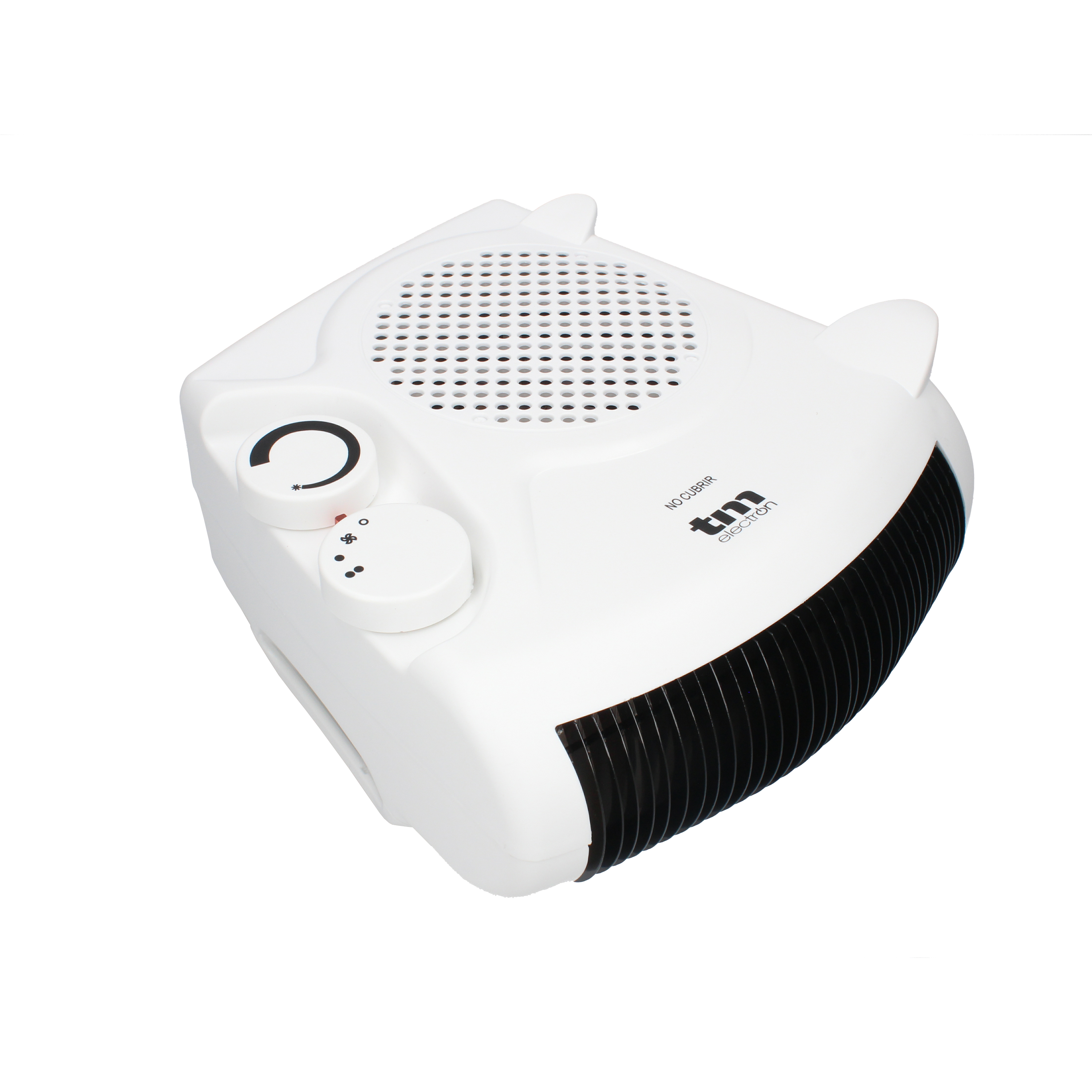 Un termoventilatore bianco compatto con bocchette e manopole nere, su sfondo bianco.
