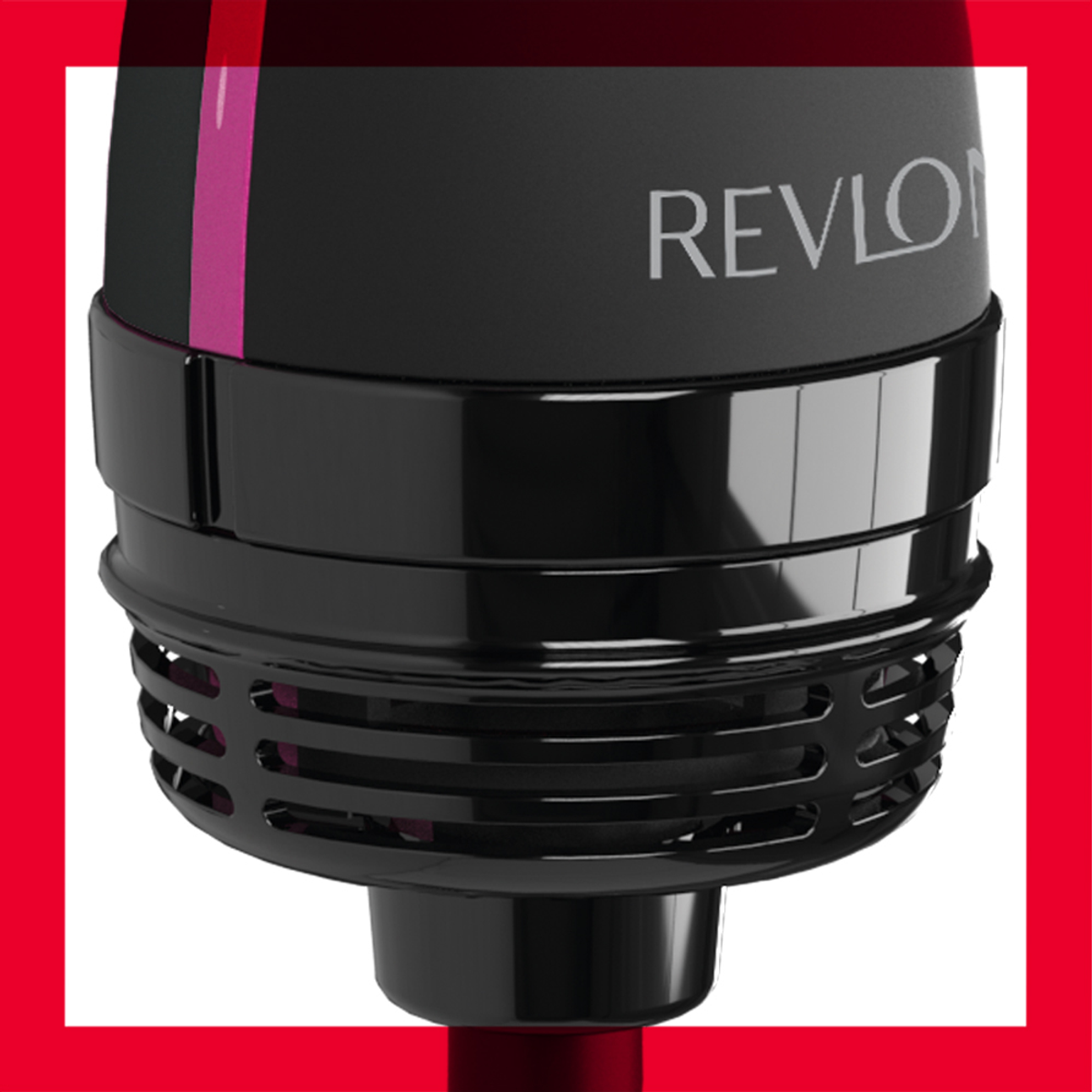 Schwarzer Revlon Haartrockner mit rosa Streifen und Lüftungsschlitzen.