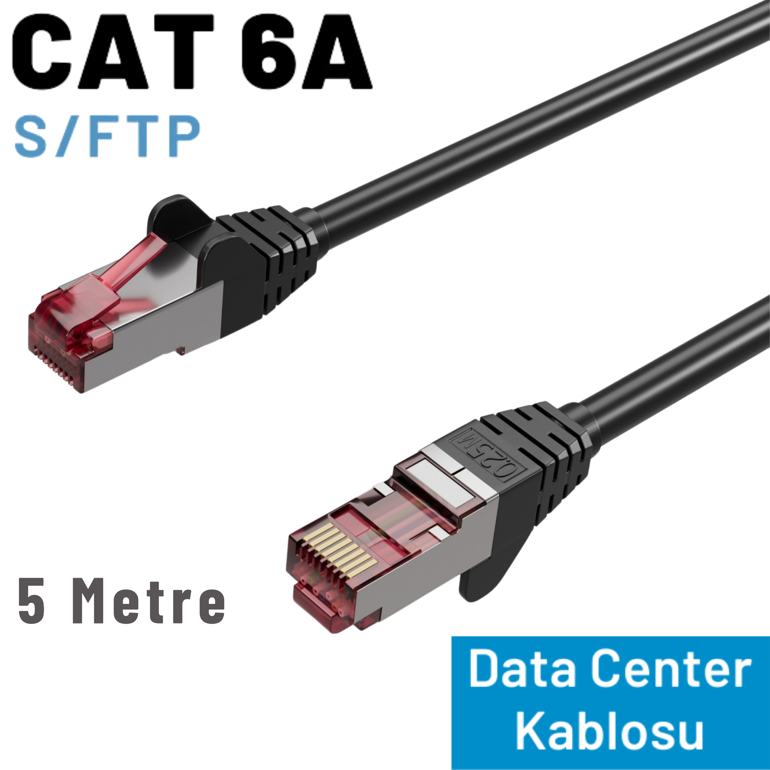 Kırmızı RJ45 konektörlü, 5 metre uzunluğunda siyah CAT 6A S/FTP ağ kablosu.