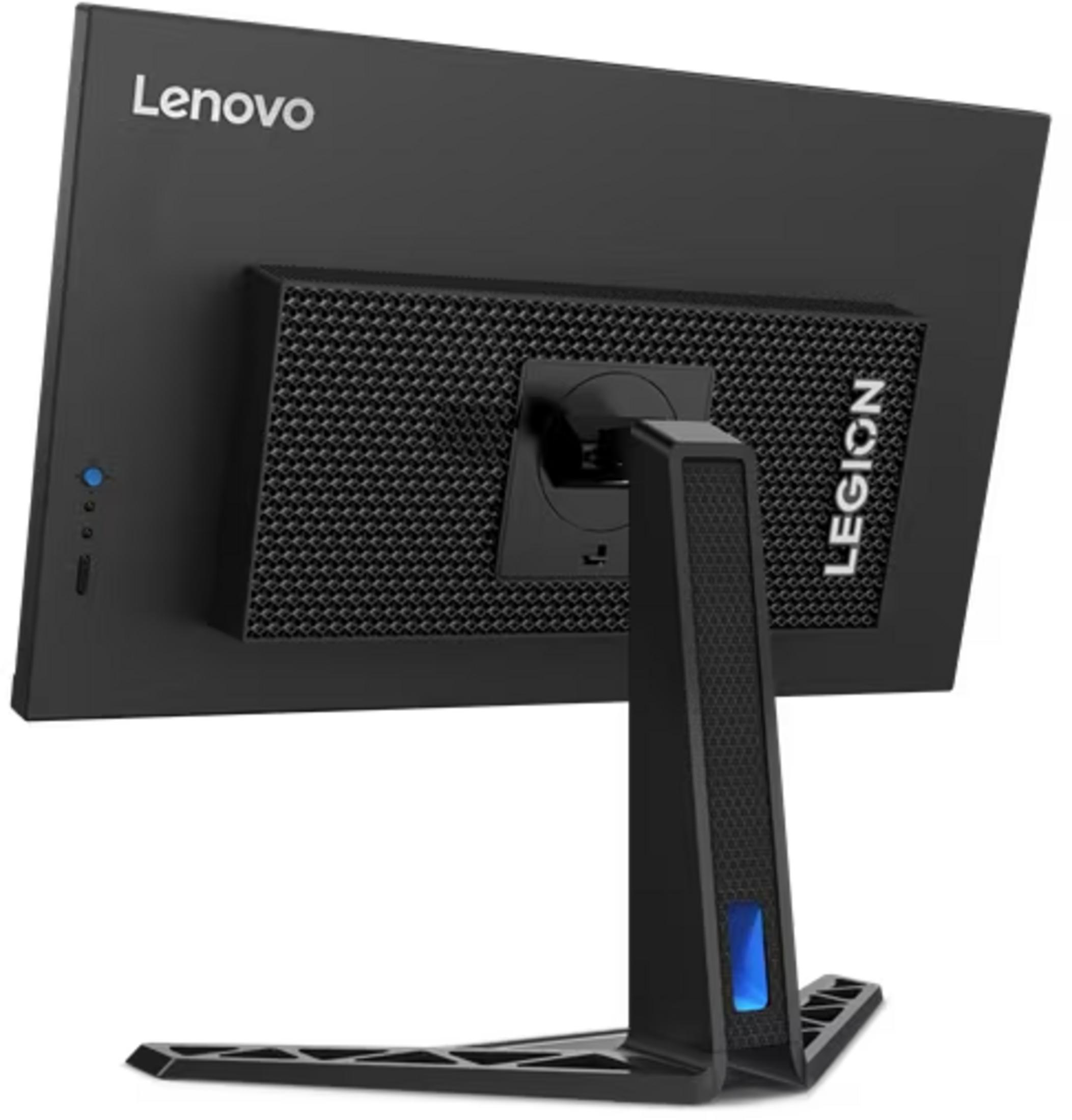 Tył czarnego monitora Lenovo Legion z siatkowym wzorem i niebieskim akcentem.