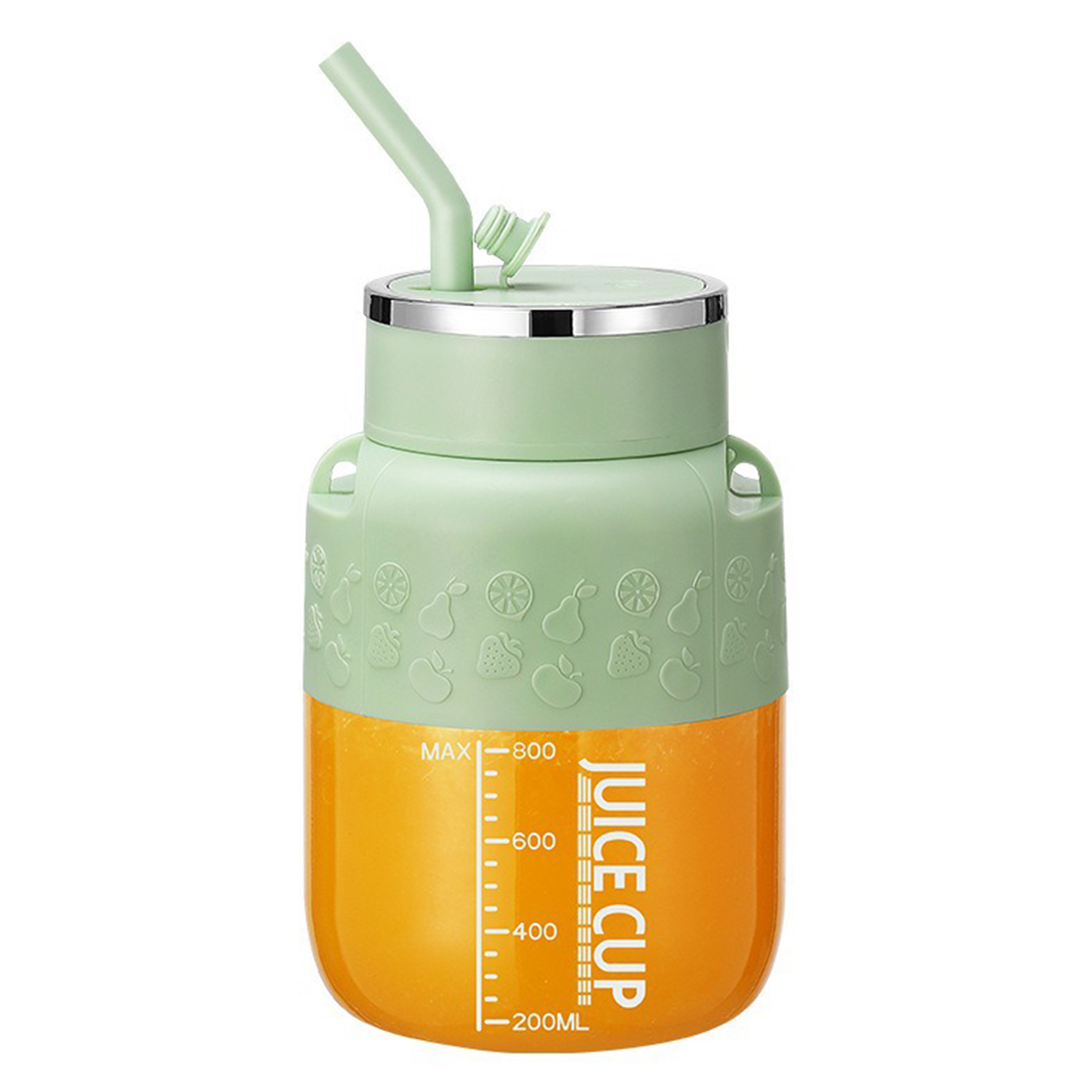 Ein grüne und orangefarbene Saftbecher mit Strohhalm und Fruchtmuster.