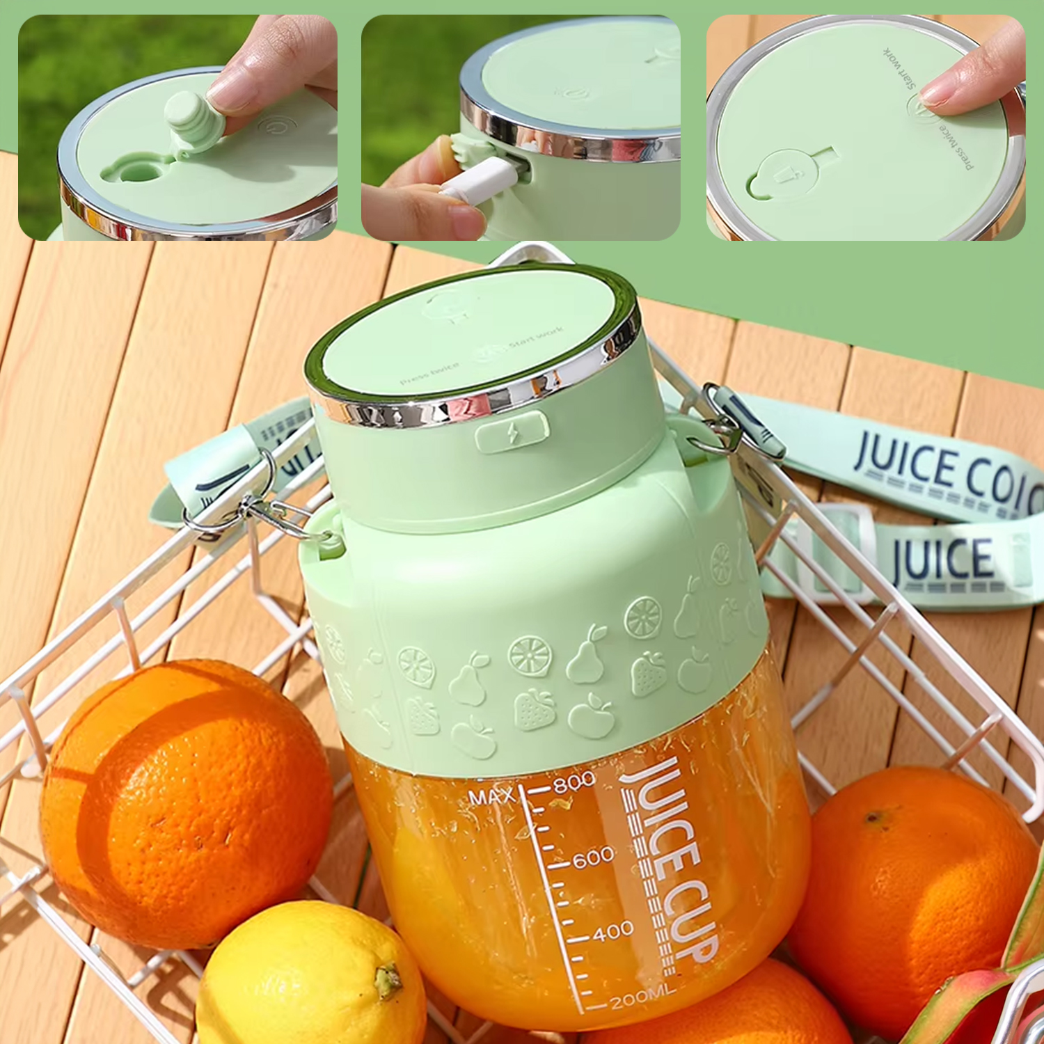 Ein grüner Mixer mit Orangensaft, Orangen und Zitronen in einem Korb.