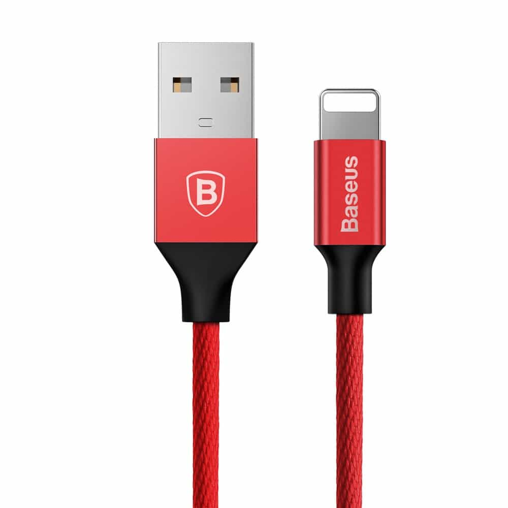 Czerwony kabel USB do Lightning z logo Baseus i srebrną wtyczką USB.
