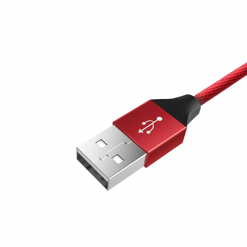 Czerwony kabel USB ze srebrną wtyczką i symbolem USB.