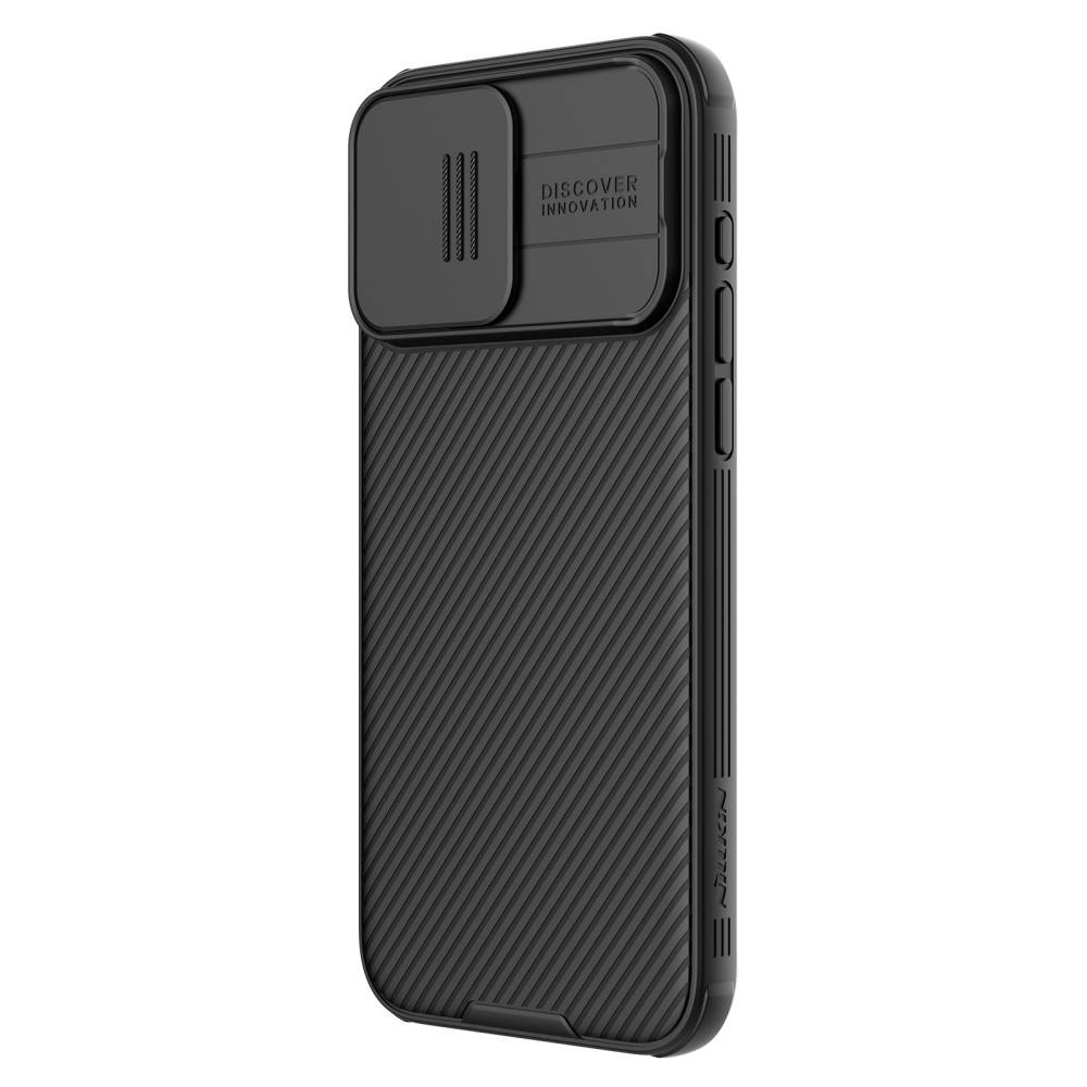 Coque de téléphone noire texturée nervurée avec cache coulissant pour appareil photo.
