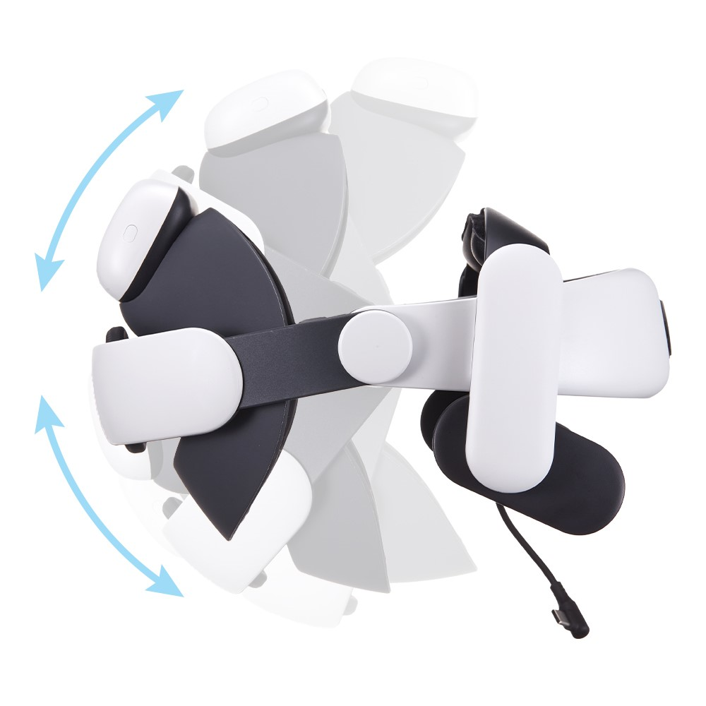 Un visore VR bianco e nero con cinturino regolabile e frecce che indicano il movimento.