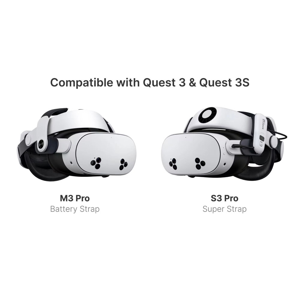 Due visori VR bianchi: M3 Pro Batteria, S3 Pro Super Strap.