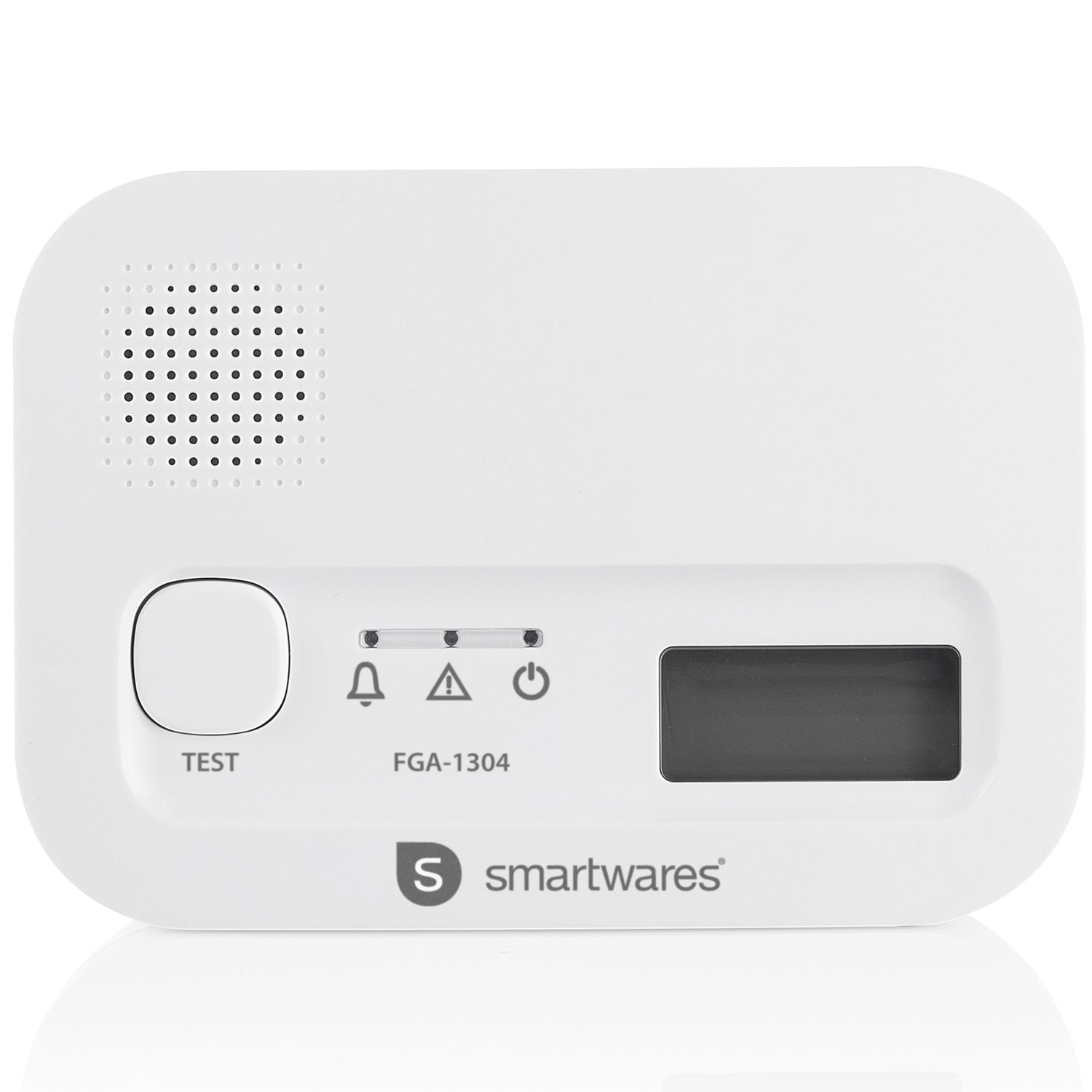 A white smoke detector with a test button, indicator lights, and a display.