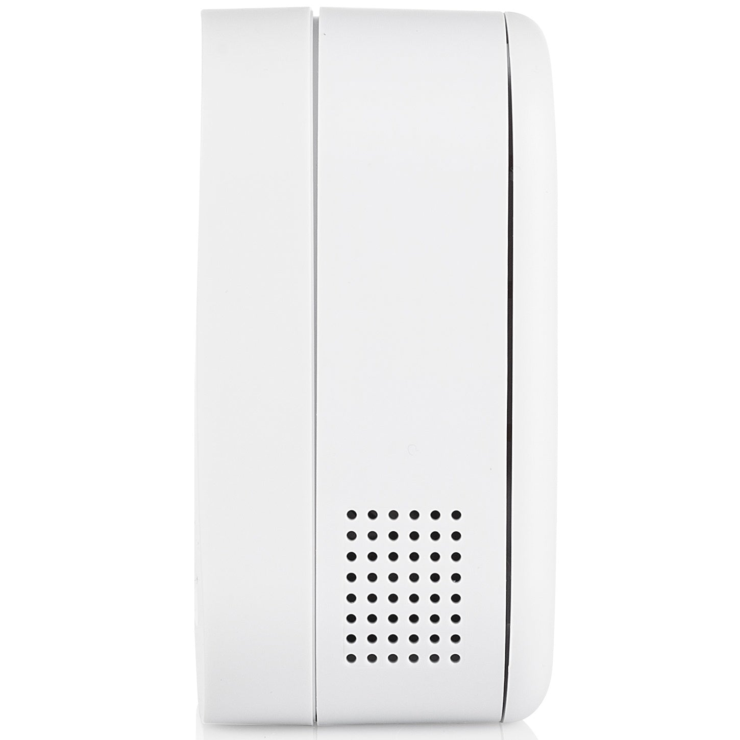 Side view of a white electronic device with a speaker grille on the bottom left.