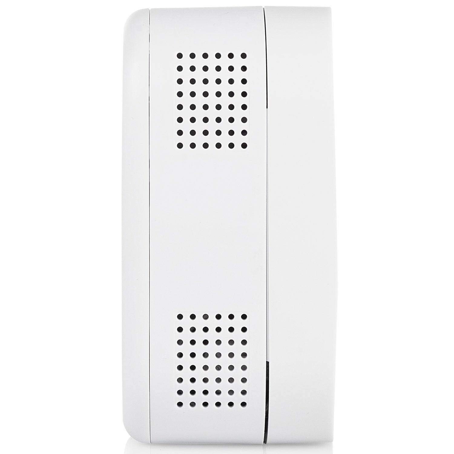 A white device with two rows of black dots on its left side.