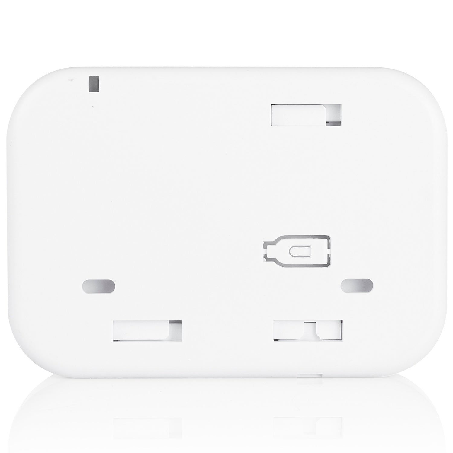 White device back with slots and a U-shaped symbol.