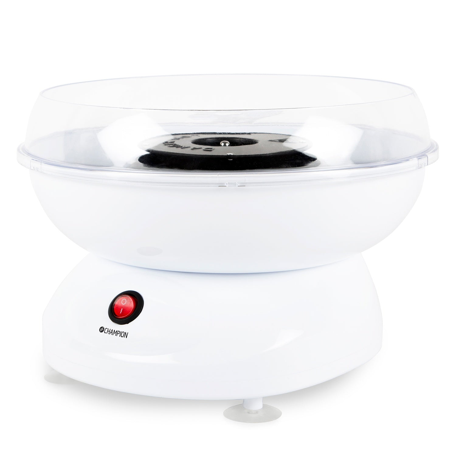 Een witte suikerspinmachine met een doorzichtige deksel en een rode aan/uit-schakelaar.