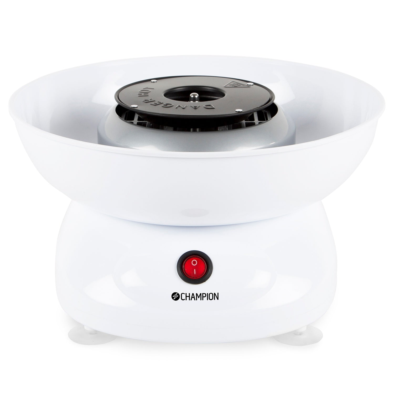 Witte suikerspinmachine met rode aan/uit-schakelaar en logo.