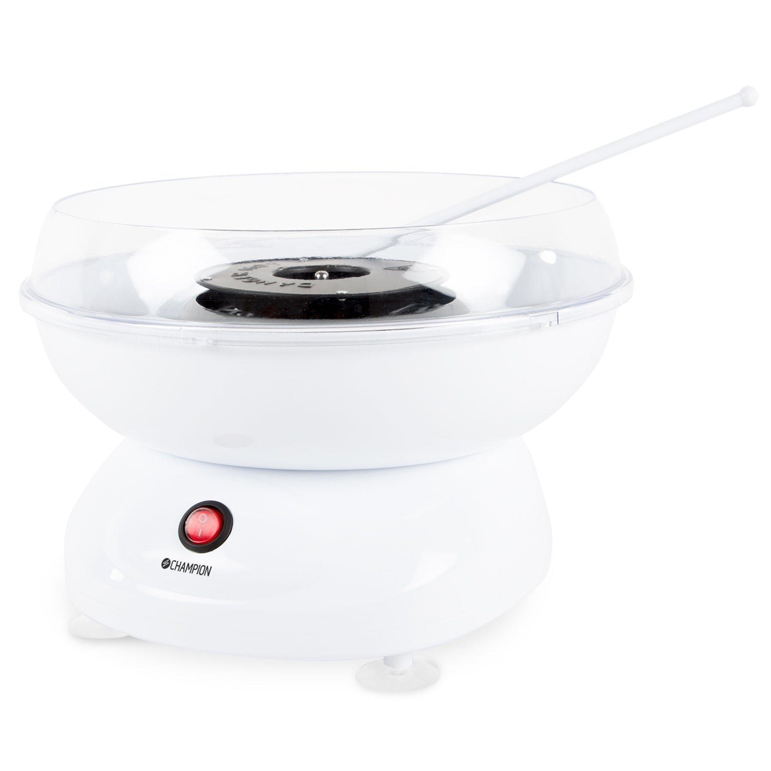 Een witte suikerspinmachine met rode aan/uitknop en doorzichtige deksel.