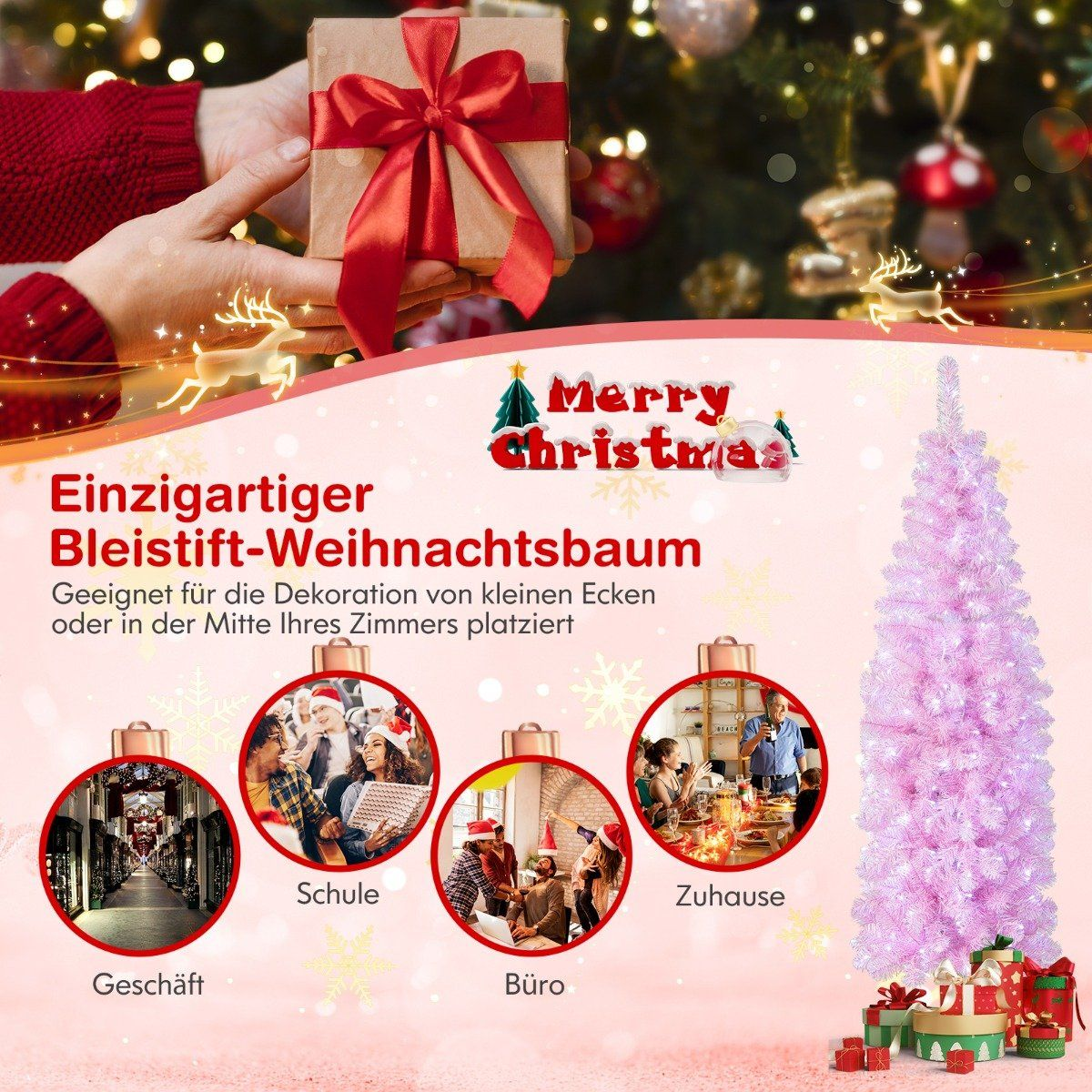 Een hand houdt een cadeau vast. Een roze kerstboom staat ernaast.