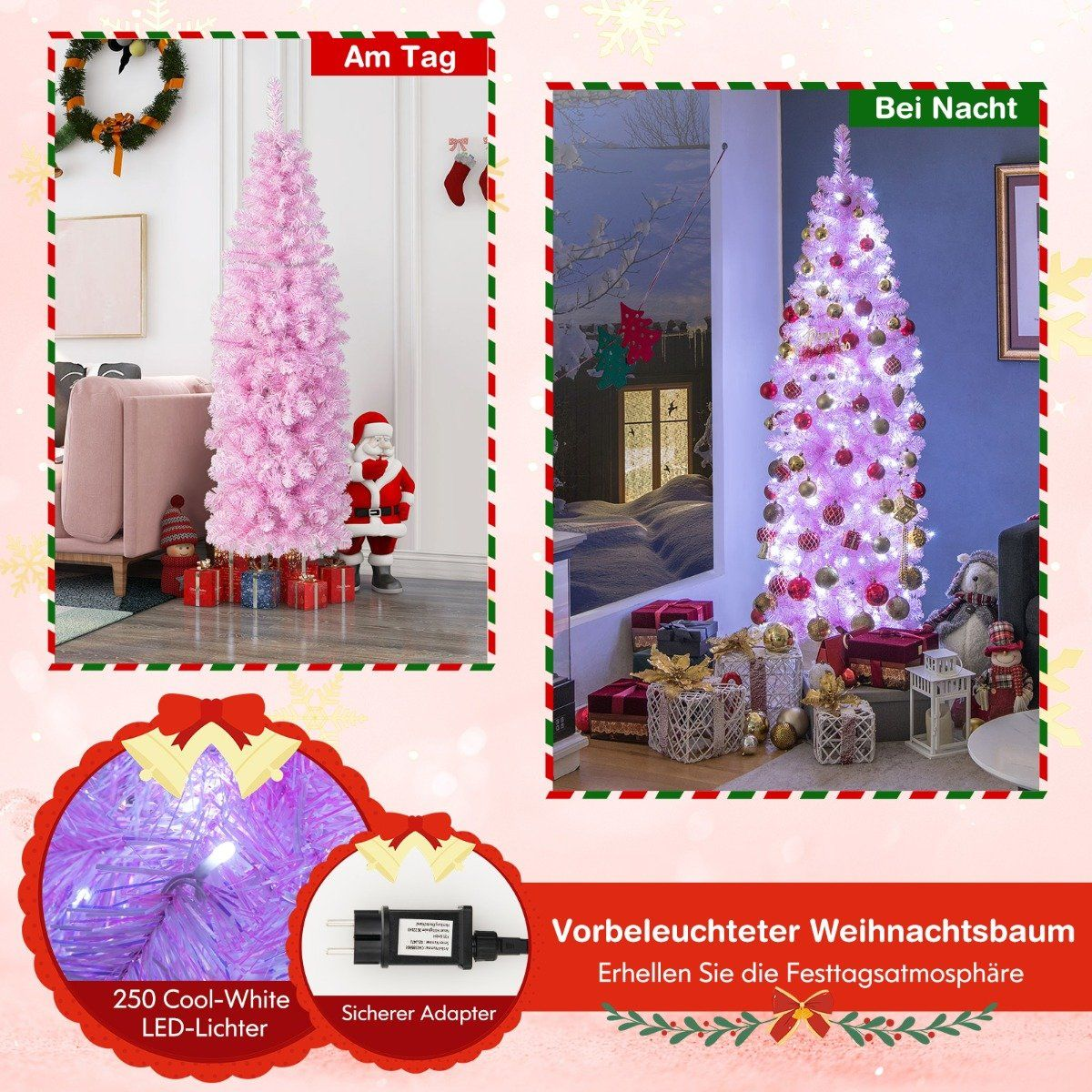 Een roze kerstboom overdag en een verlichte boom 's nachts.