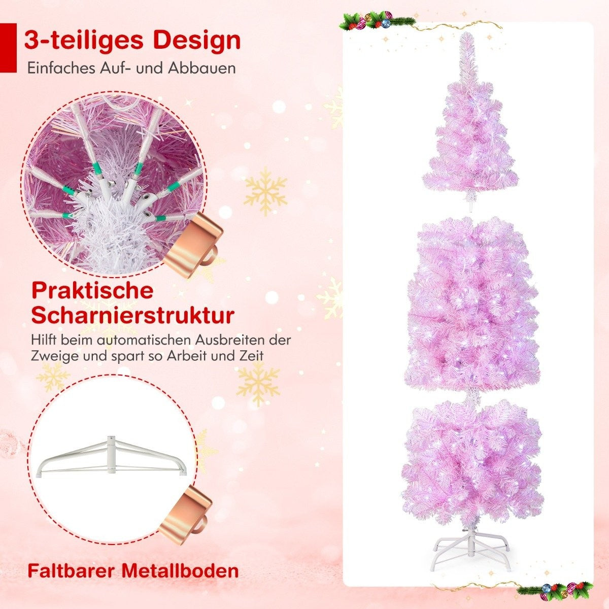 Een roze kerstboom in drie delen met een opvouwbare metalen voet.