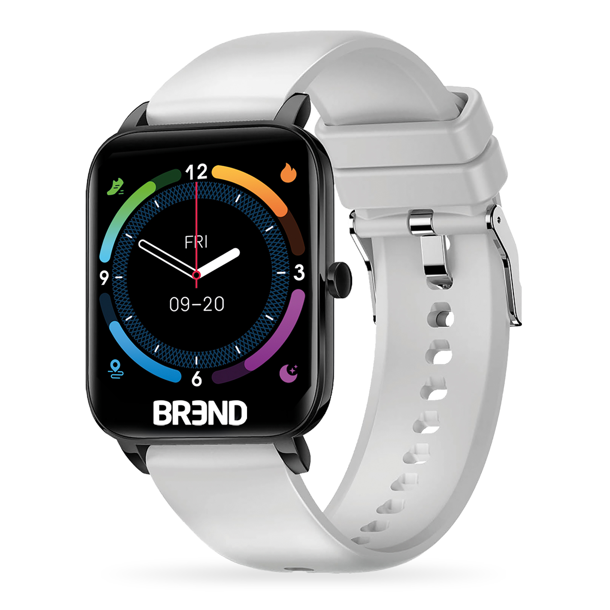 Witte smartwatch met zwart scherm dat tijd en iconen toont.