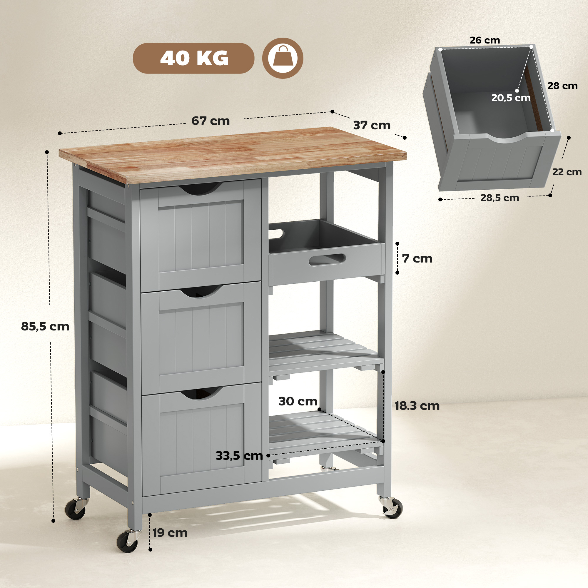 Carrito de cocina gris con tapa de madera, tres cajones y estantes abiertos.