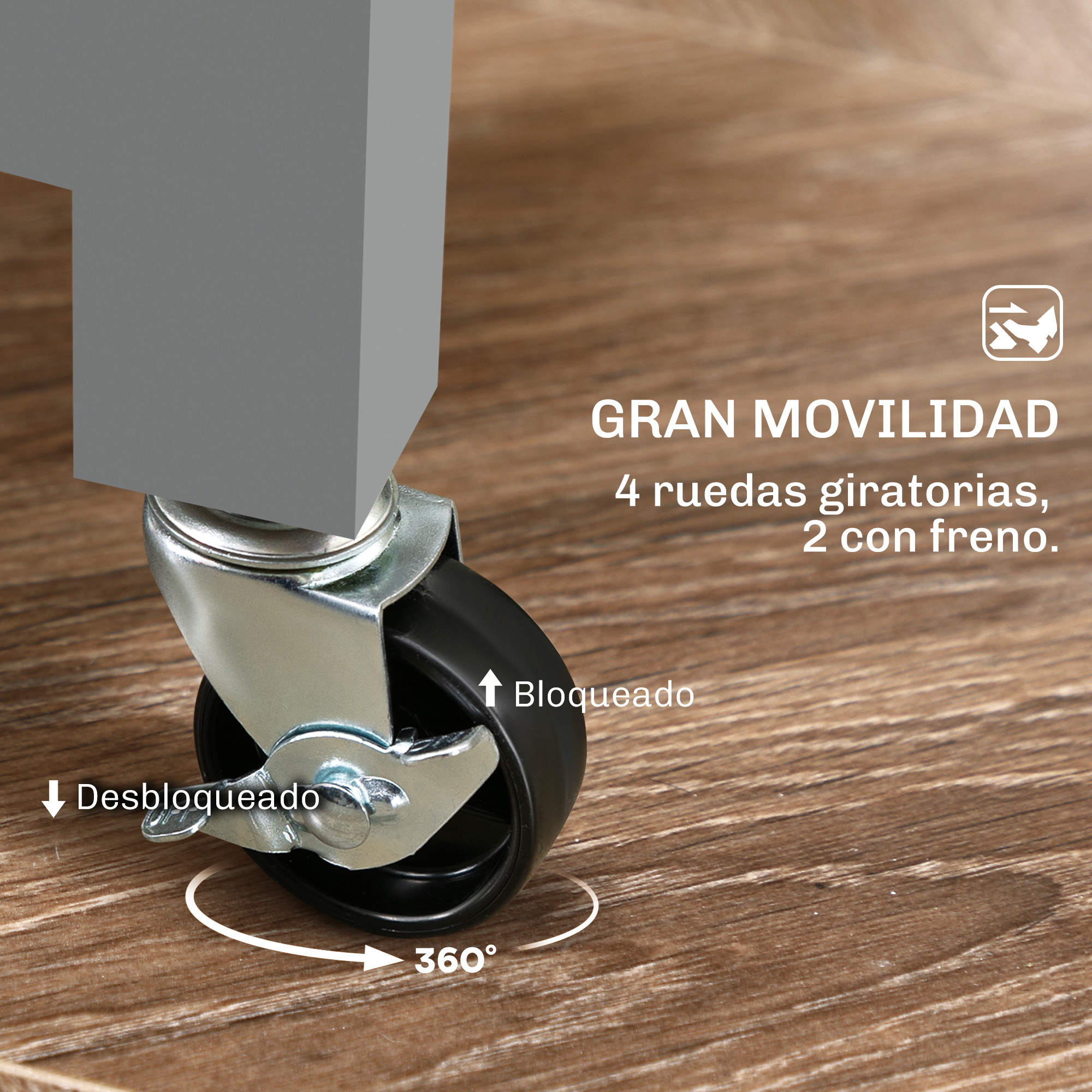Primer plano de la pata de un mueble gris con rueda giratoria negra.