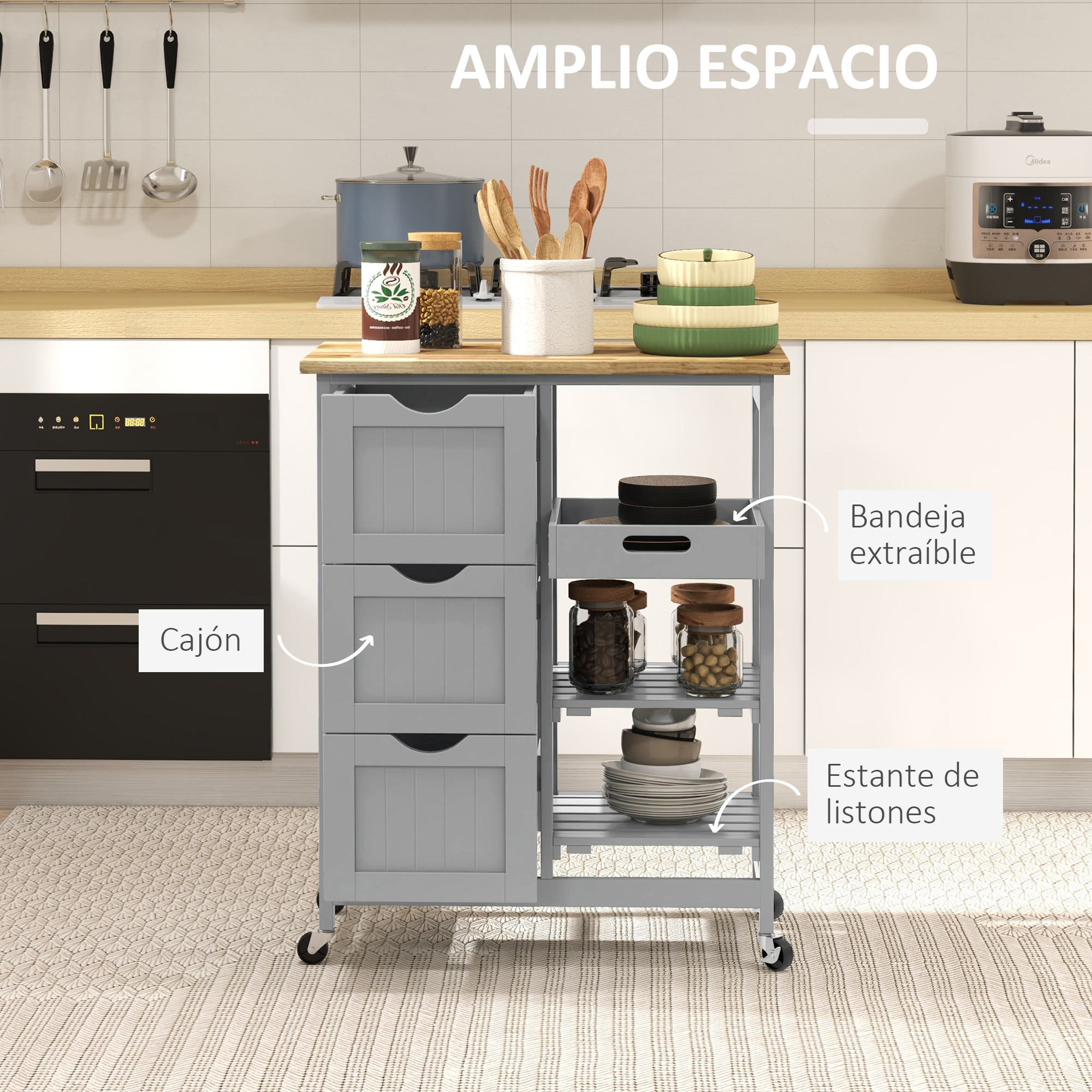 Un carrito de cocina gris con cajones y estantes está sobre una alfombra.