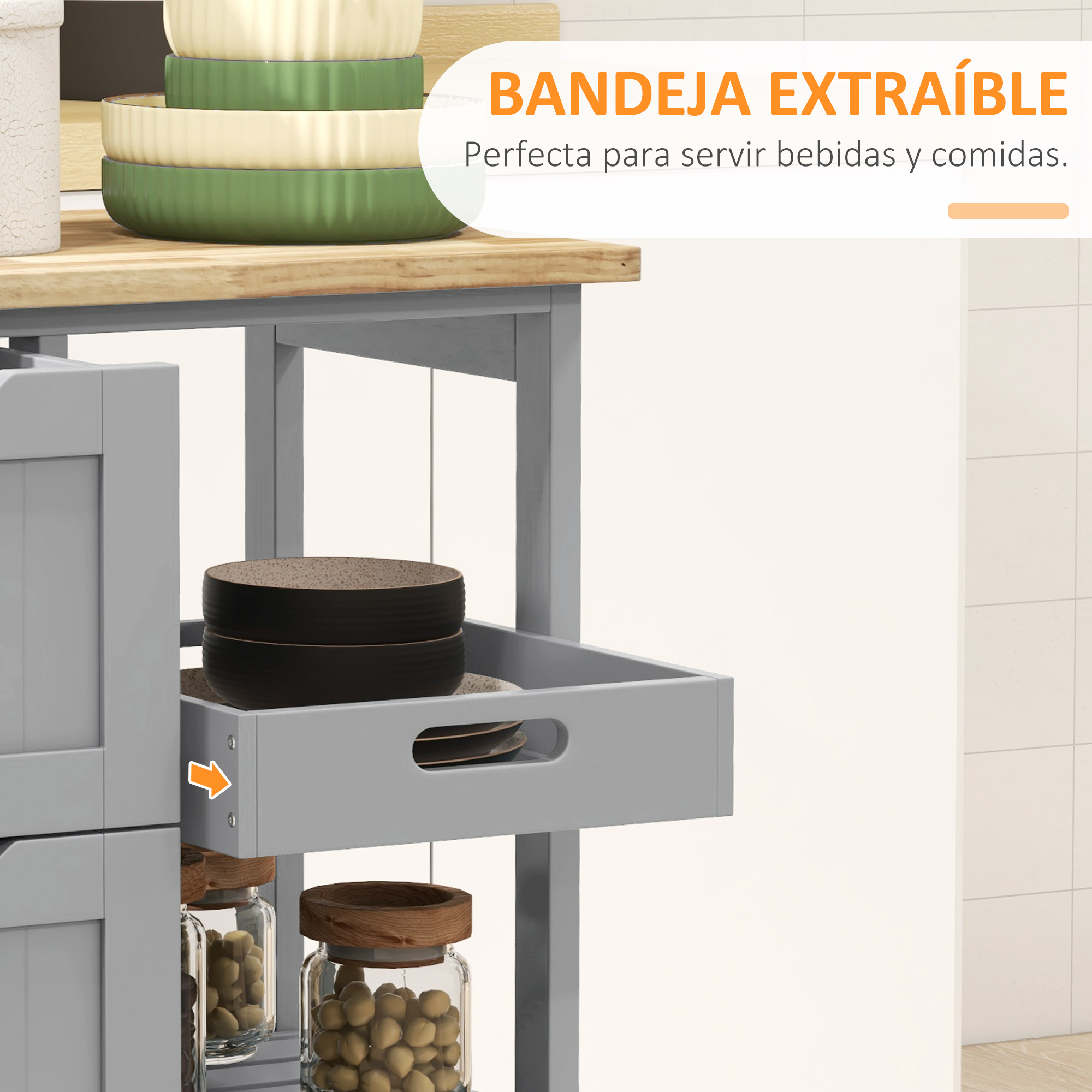 Carrito de servicio gris con bandeja extraíble, cuencos apilados y frascos.