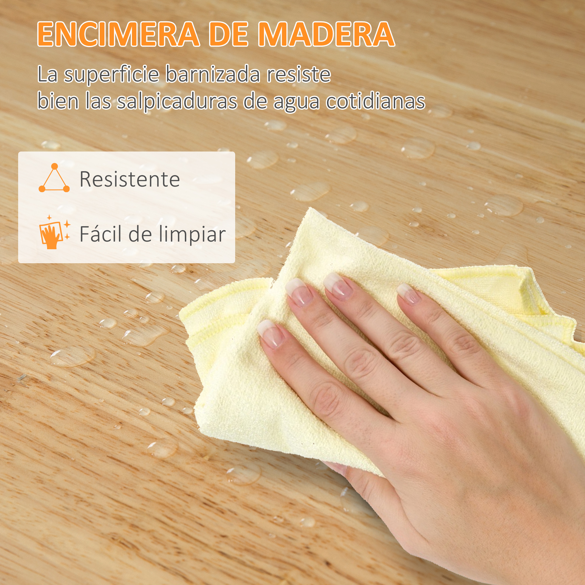 Encimera de madera con manchas de agua, mano limpiando con paño.