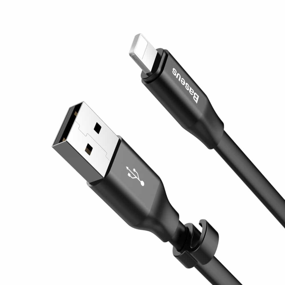 Czarny kabel USB ze złączem Lightning i wtyczką USB-A.