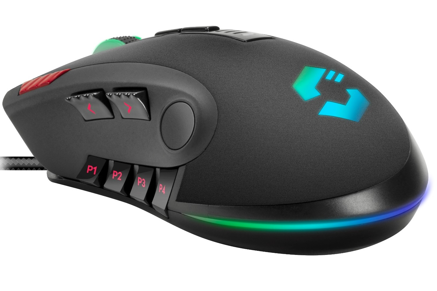 Mouse da gaming nero con pulsanti e logo illuminati.